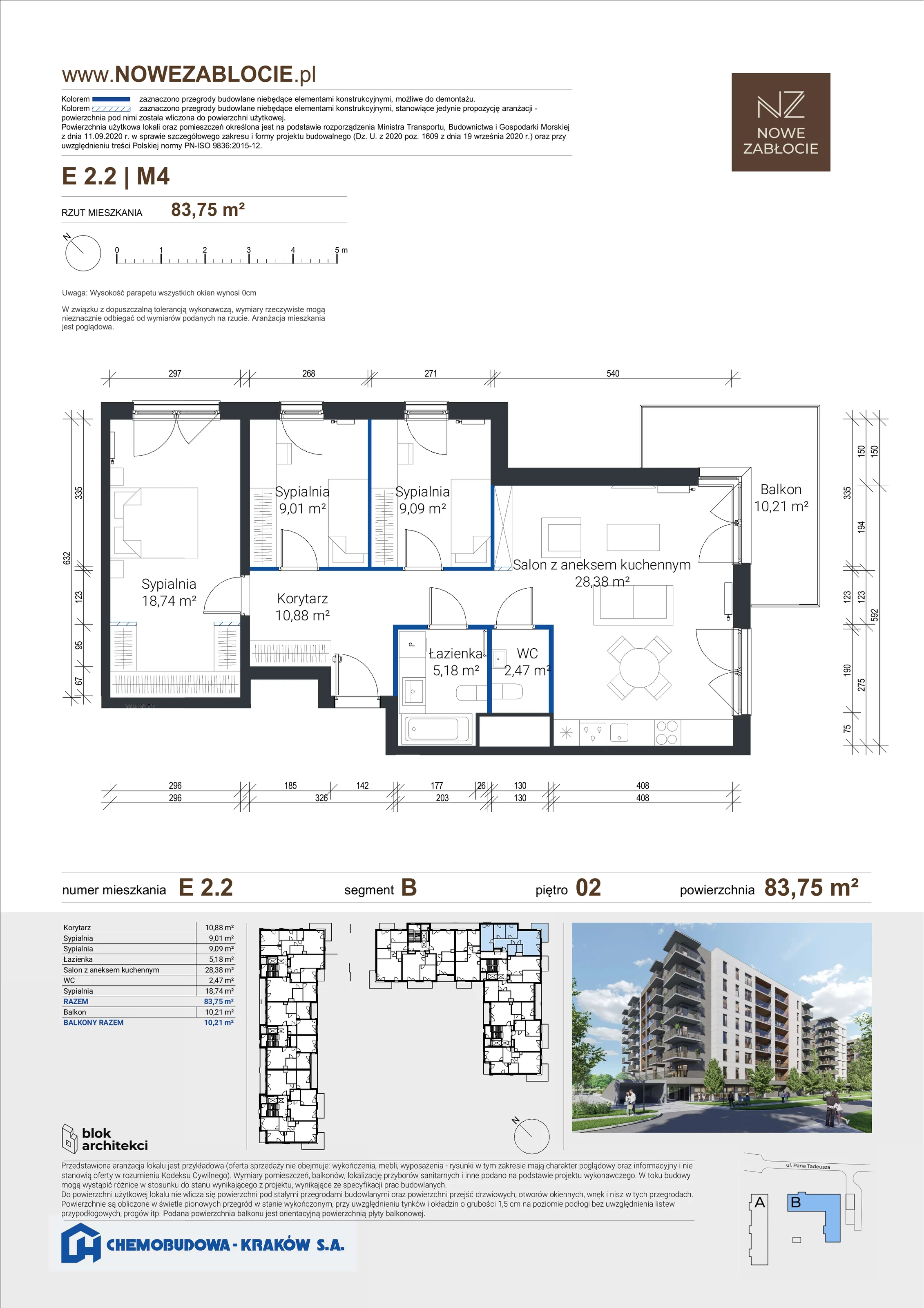 4 pokoje, apartament 83,75 m², piętro 2, oferta nr E 2.2, Nowe Zabłocie, Kraków, Podgórze, Zabłocie, ul. Pana Tadeusza 7