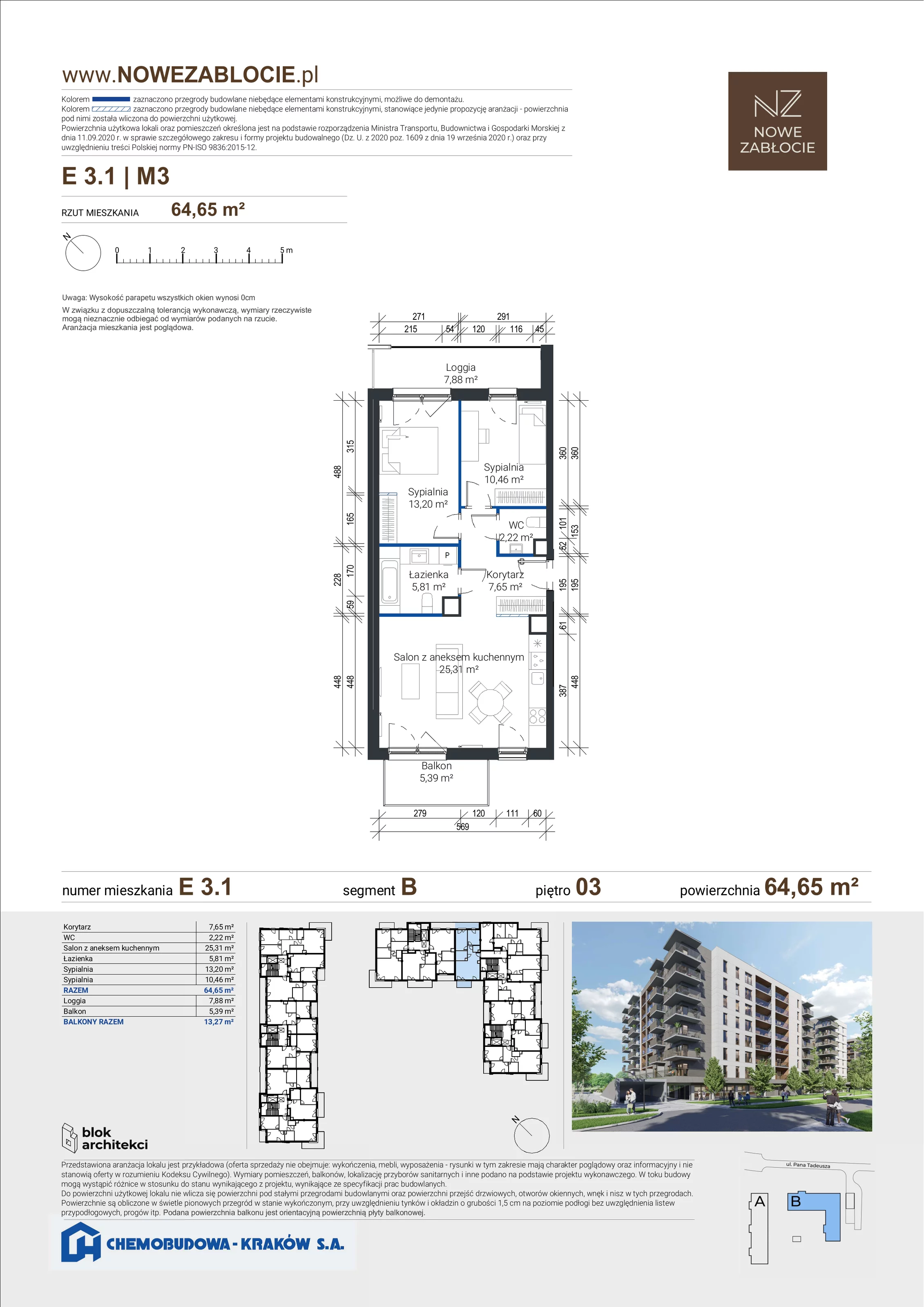 3 pokoje, apartament 64,65 m², piętro 3, oferta nr E 3.1, Nowe Zabłocie, Kraków, Podgórze, Zabłocie, ul. Pana Tadeusza 7