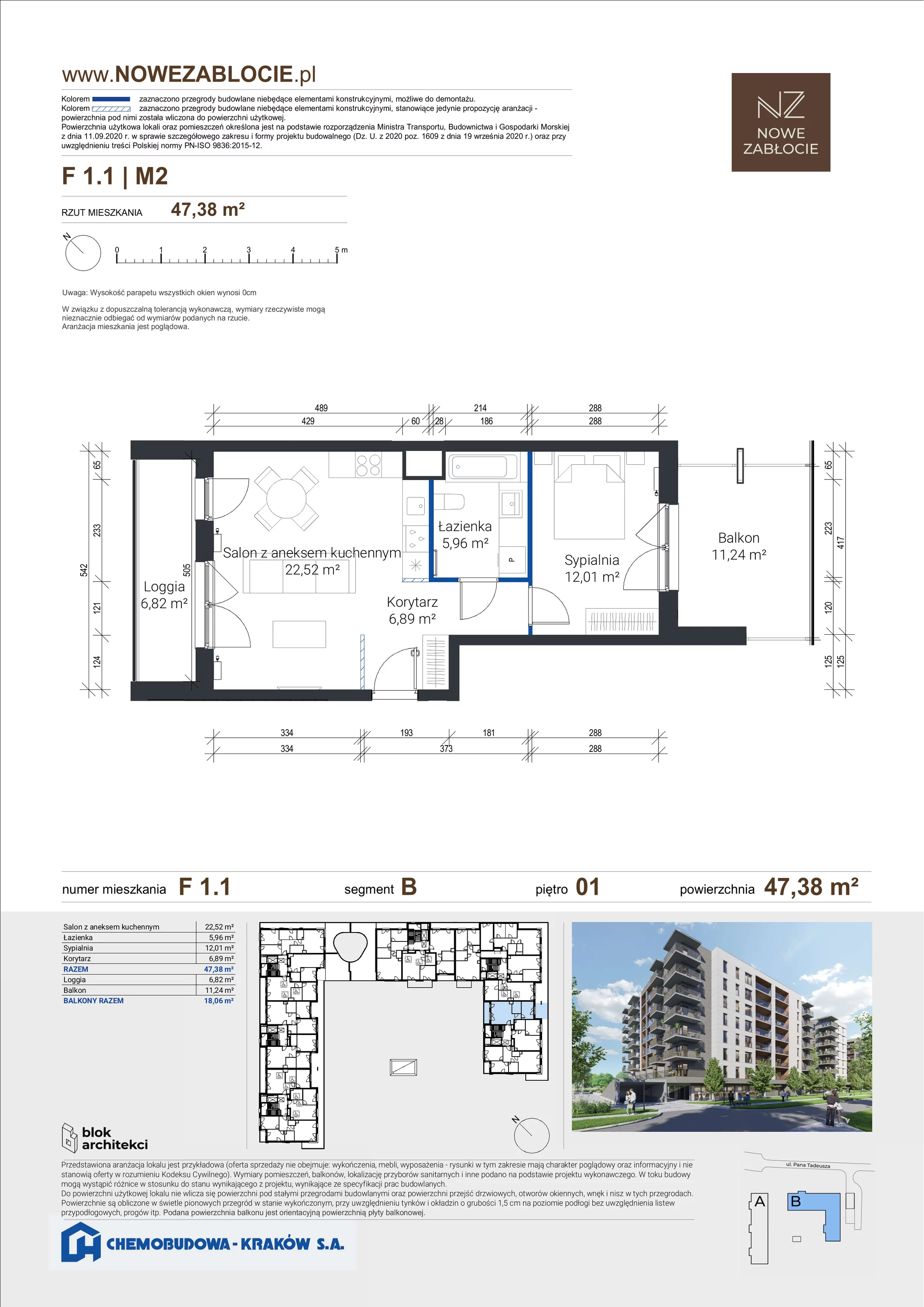 2 pokoje, apartament 47,38 m², piętro 1, oferta nr F 1.1, Nowe Zabłocie, Kraków, Podgórze, Zabłocie, ul. Pana Tadeusza 7