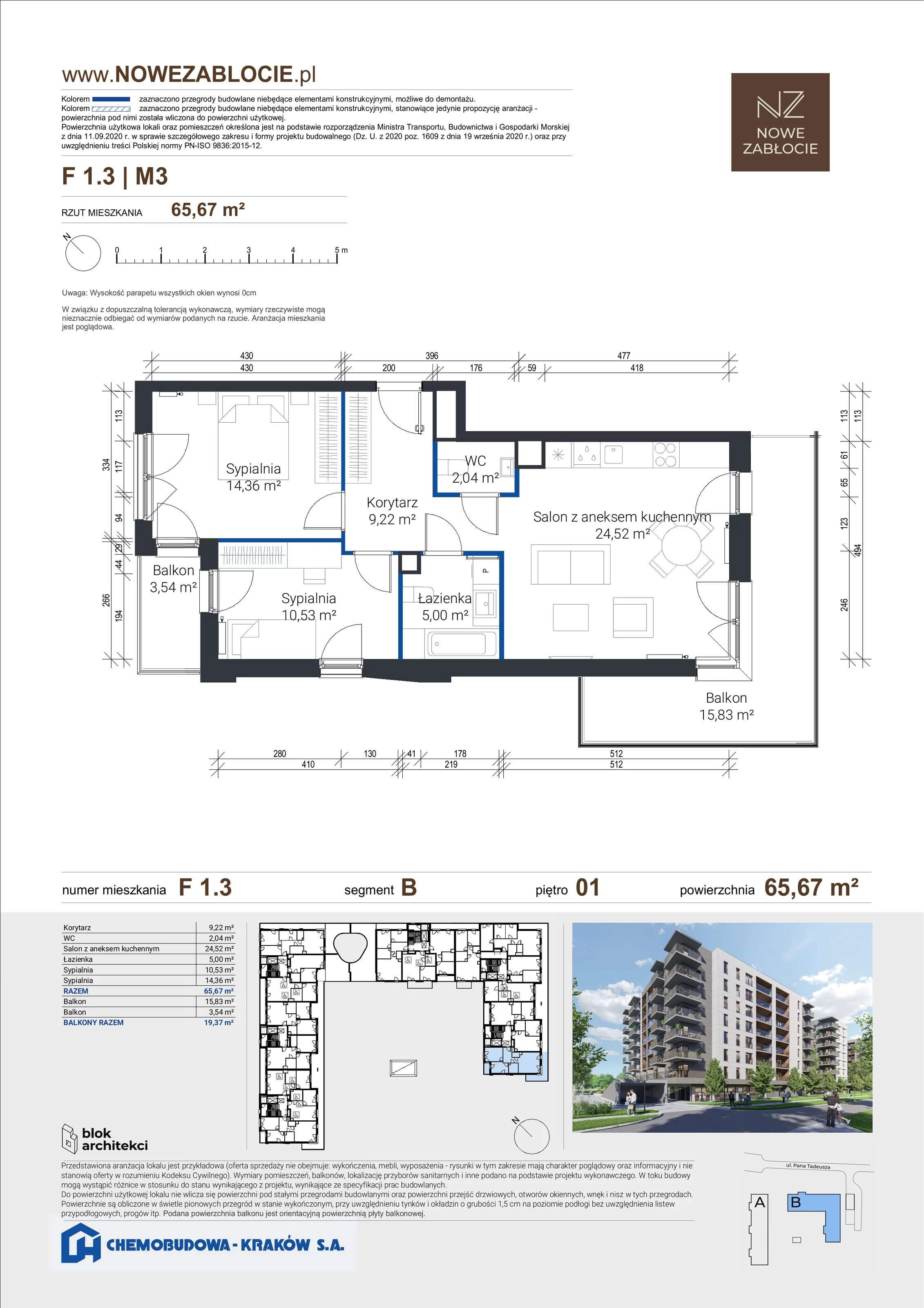 3 pokoje, apartament 65,67 m², piętro 1, oferta nr F 1.3, Nowe Zabłocie, Kraków, Podgórze, Zabłocie, ul. Pana Tadeusza 7