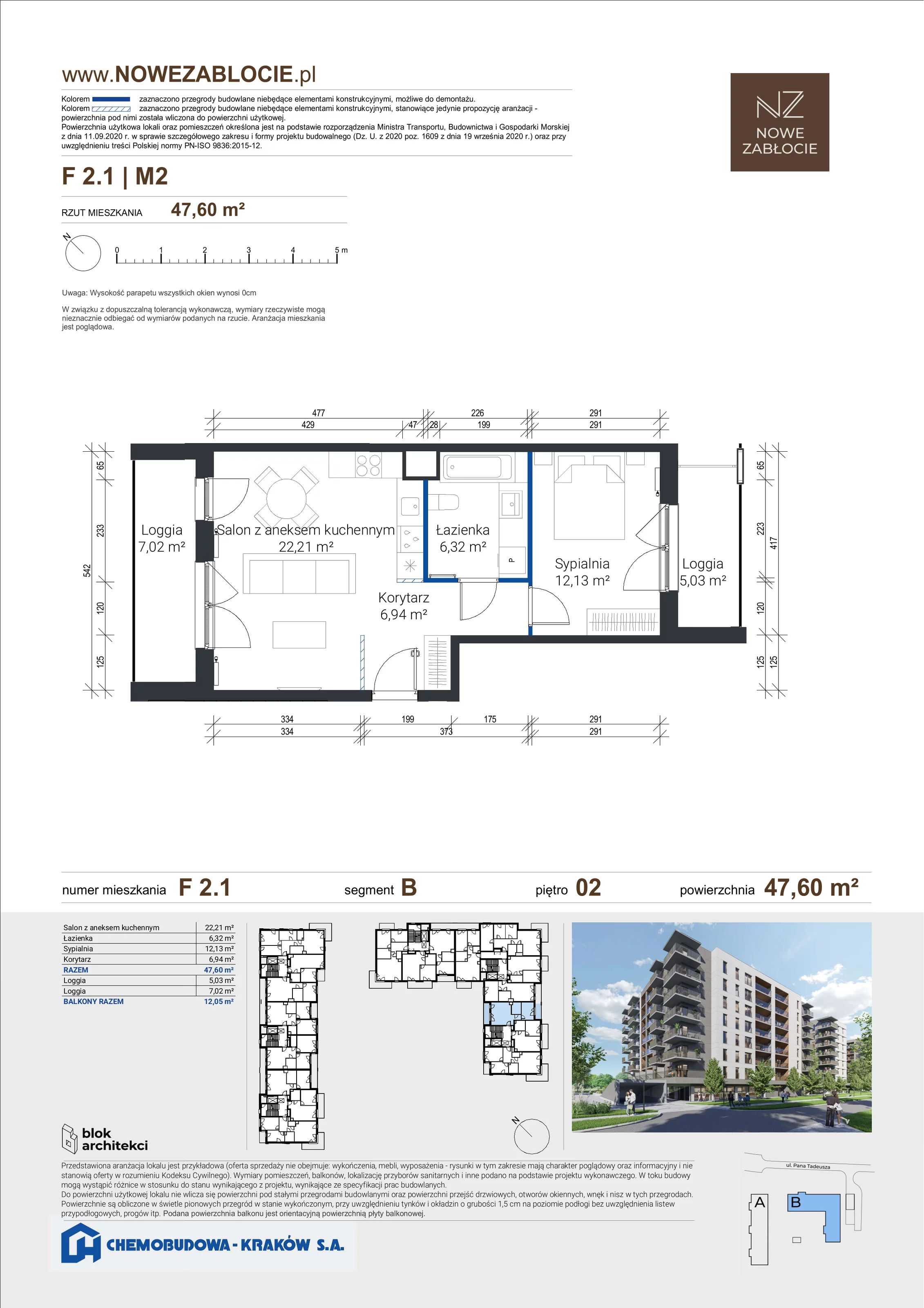 2 pokoje, apartament 47,60 m², piętro 2, oferta nr F 2.1, Nowe Zabłocie, Kraków, Podgórze, Zabłocie, ul. Pana Tadeusza 7