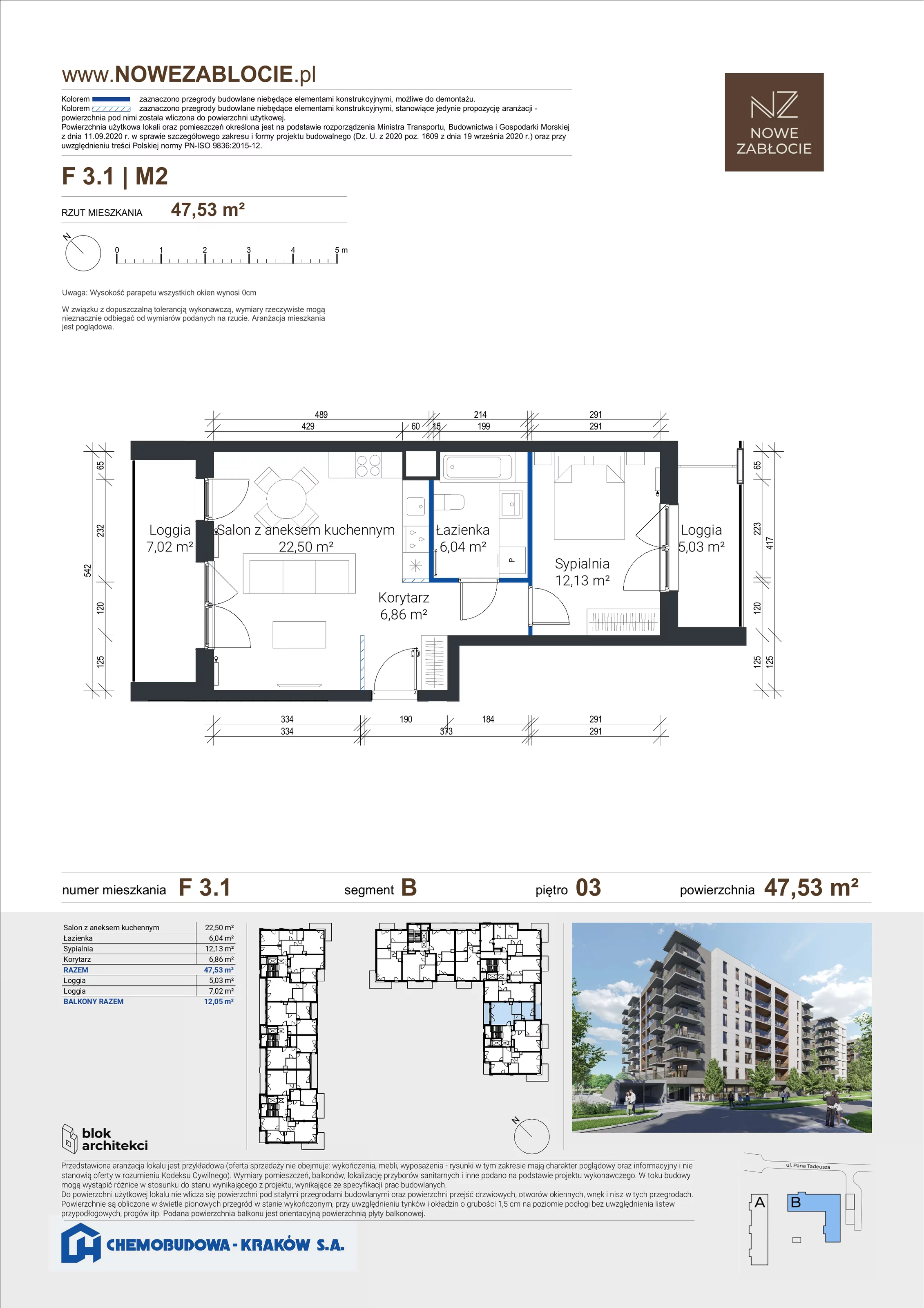 2 pokoje, apartament 47,53 m², piętro 3, oferta nr F 3.1, Nowe Zabłocie, Kraków, Podgórze, Zabłocie, ul. Pana Tadeusza 7