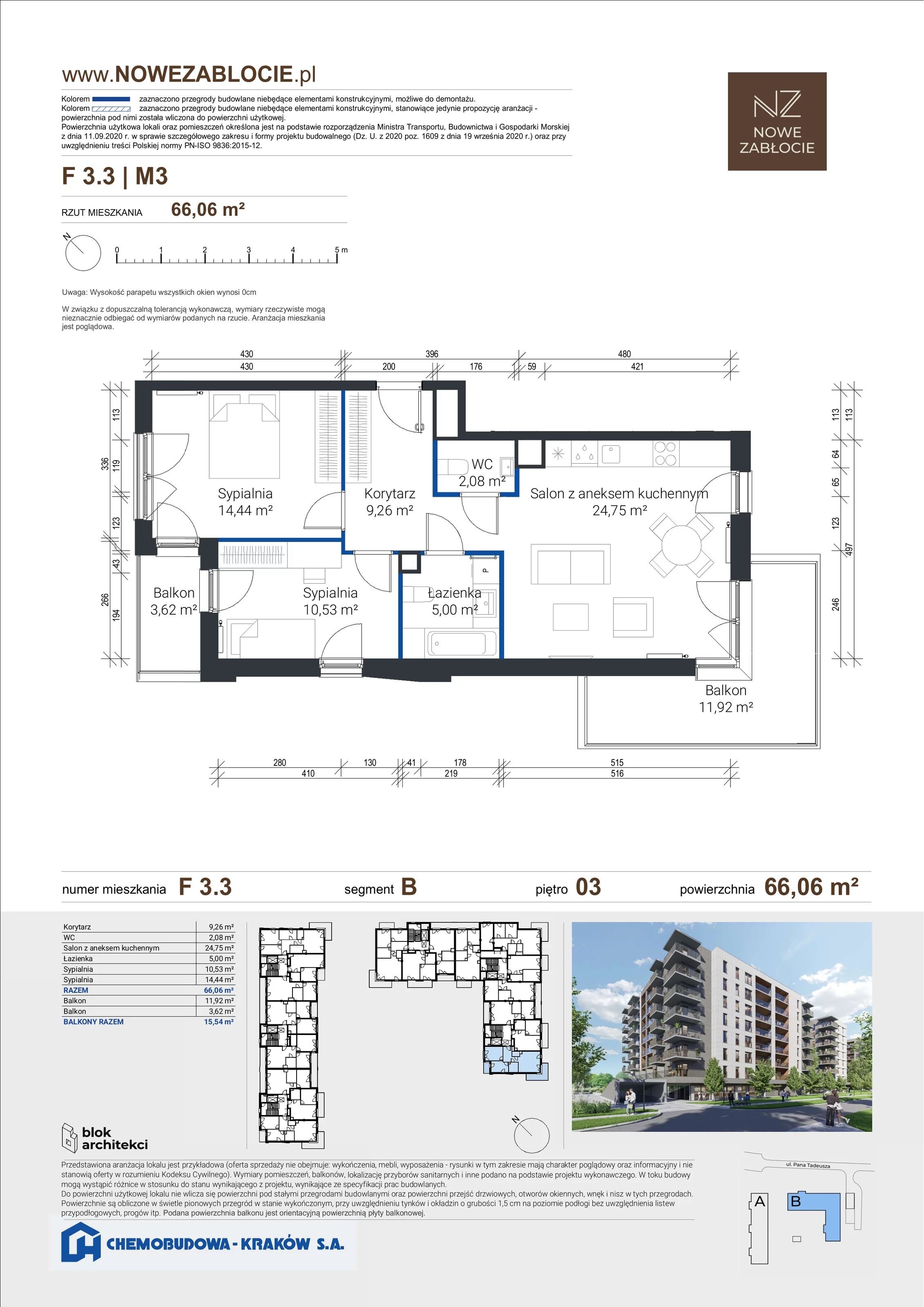 3 pokoje, apartament 66,06 m², piętro 3, oferta nr F 3.3, Nowe Zabłocie, Kraków, Podgórze, Zabłocie, ul. Pana Tadeusza 7