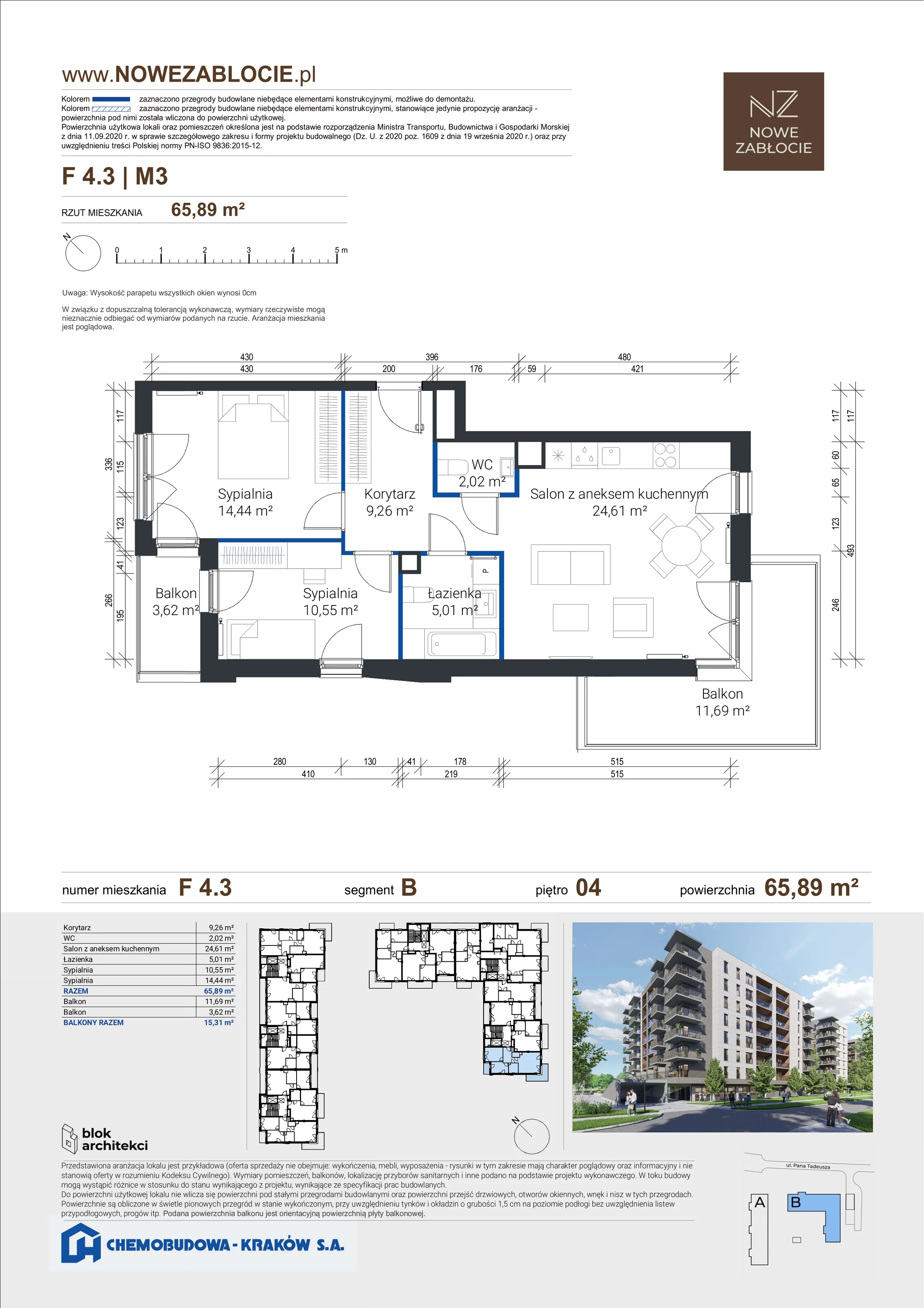 3 pokoje, apartament 65,89 m², piętro 4, oferta nr F 4.3, Nowe Zabłocie, Kraków, Podgórze, Zabłocie, ul. Pana Tadeusza 7