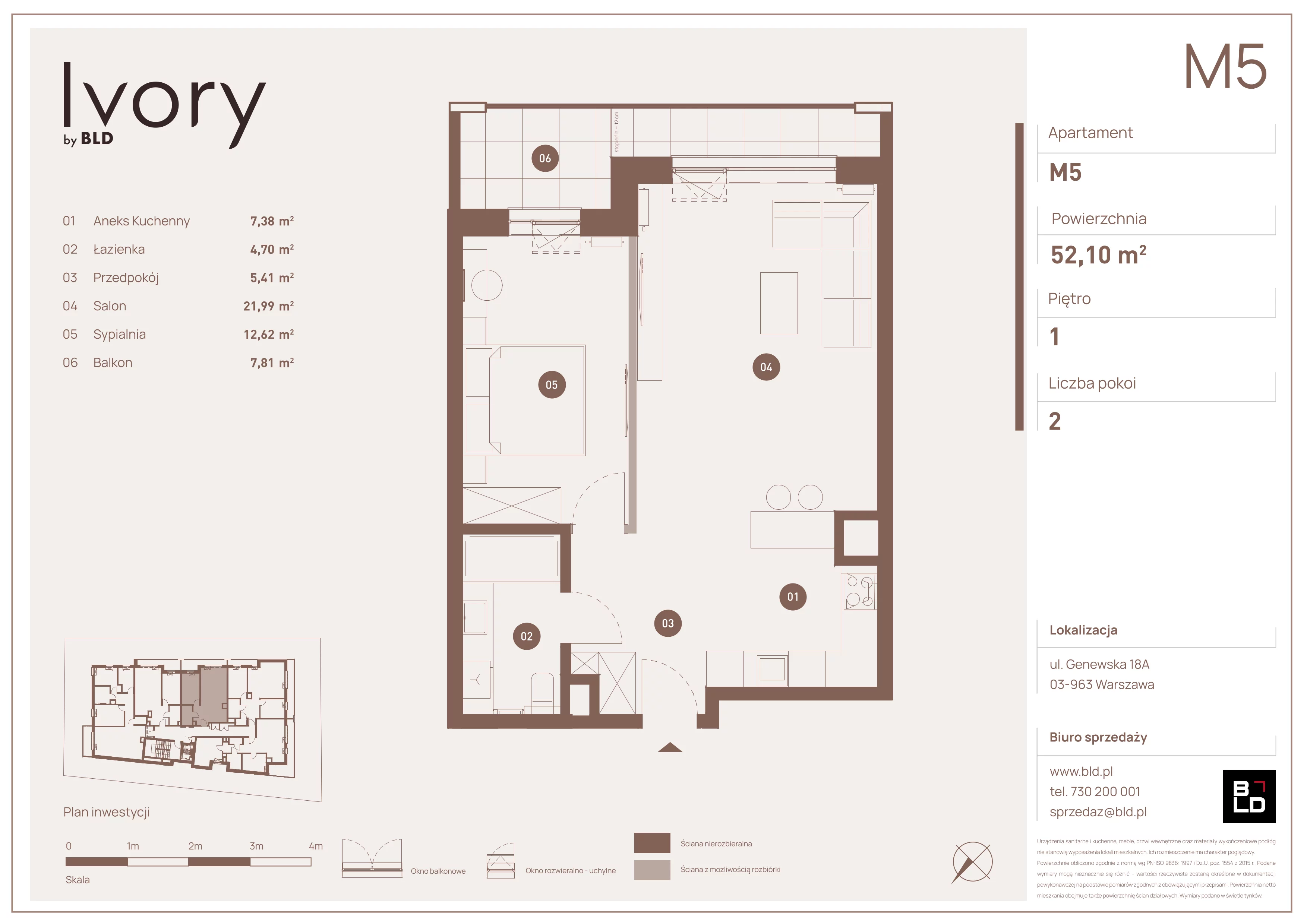 2 pokoje, mieszkanie 52,10 m², piętro 1, oferta nr M05, Ivory, Warszawa, Praga Południe, Saska Kępa, ul. Genewska 18A