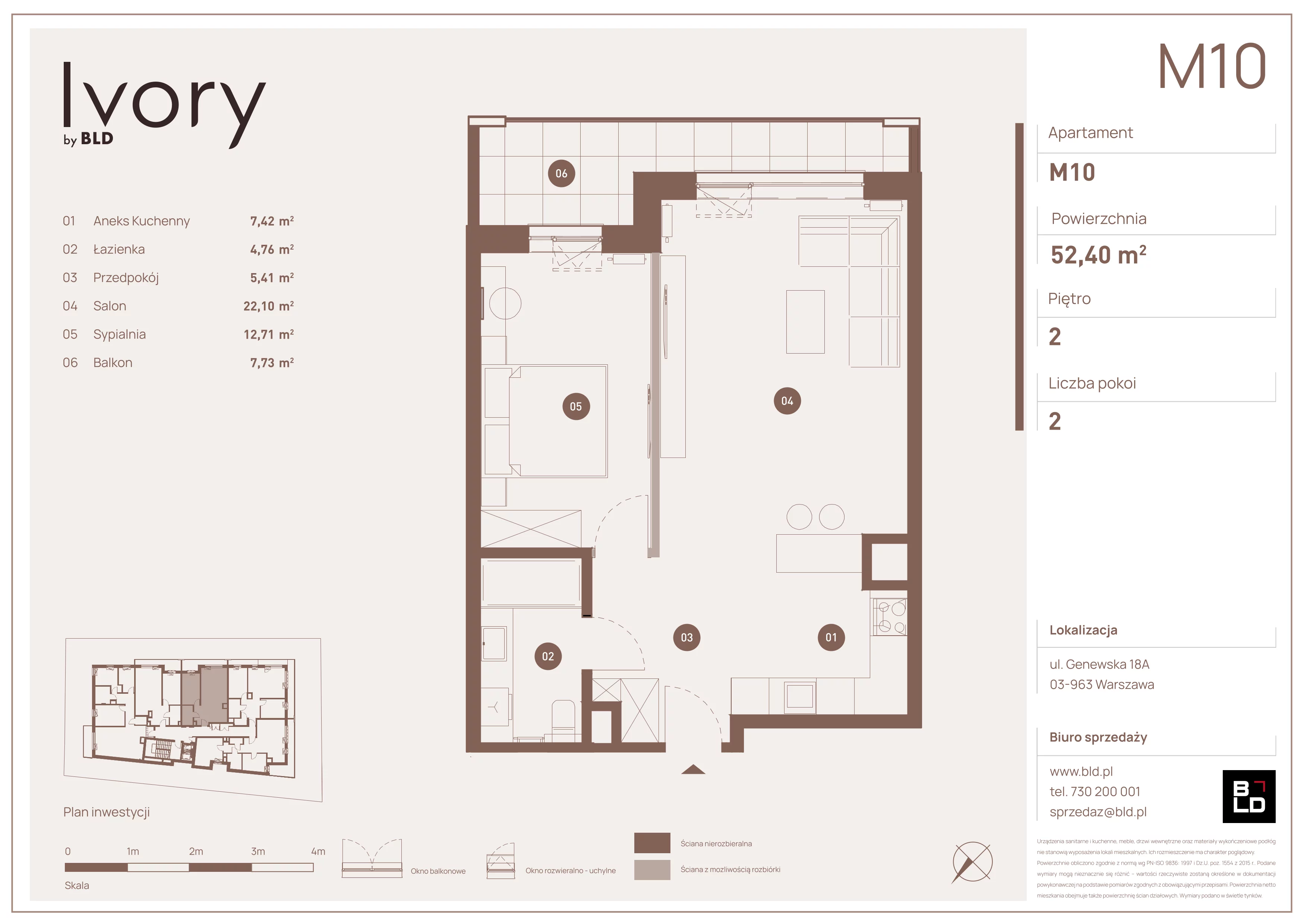2 pokoje, mieszkanie 52,40 m², piętro 2, oferta nr M10, Ivory, Warszawa, Praga Południe, Saska Kępa, ul. Genewska 18A