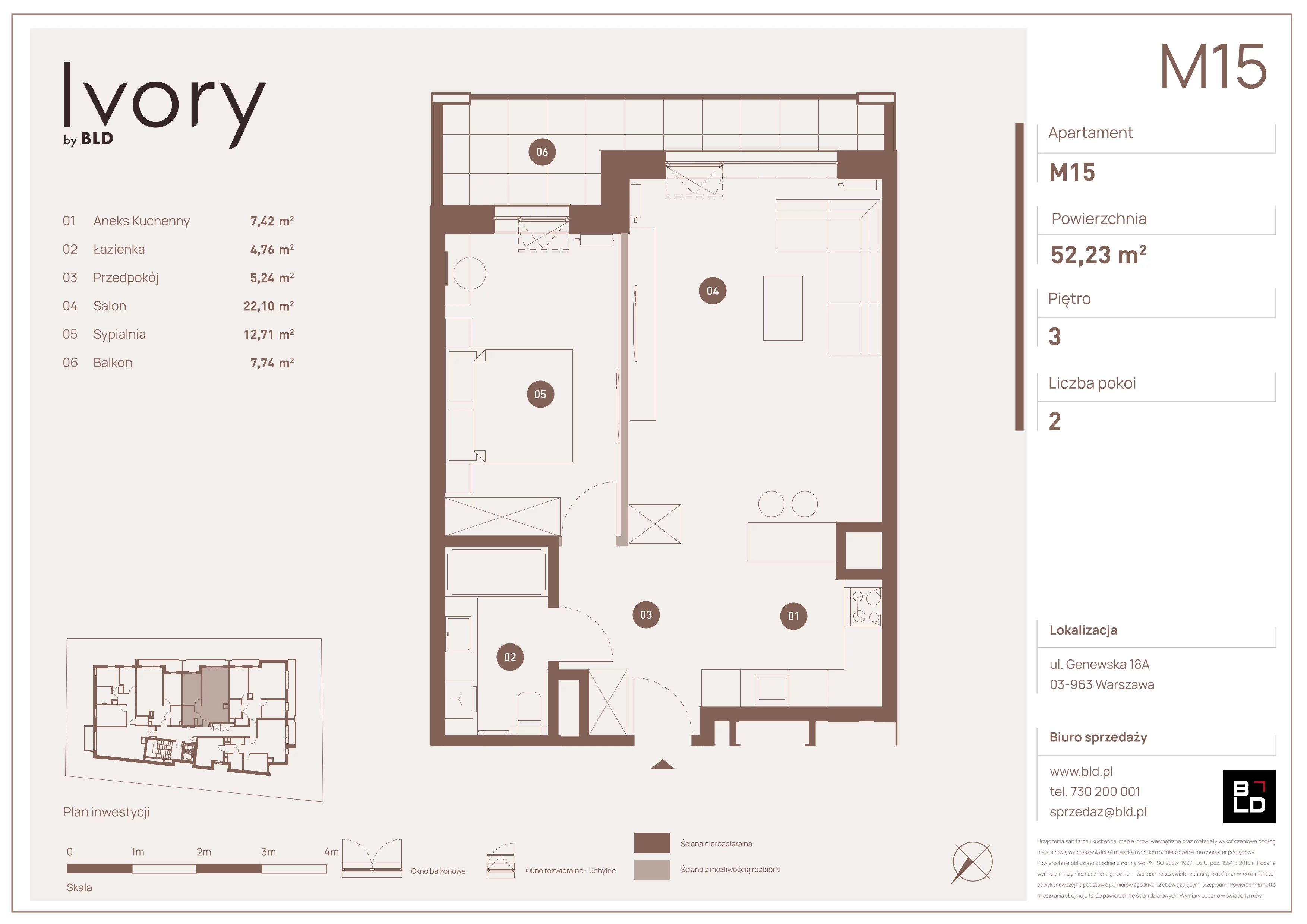 2 pokoje, mieszkanie 52,23 m², piętro 3, oferta nr M15, Ivory, Warszawa, Praga Południe, Saska Kępa, ul. Genewska 18A