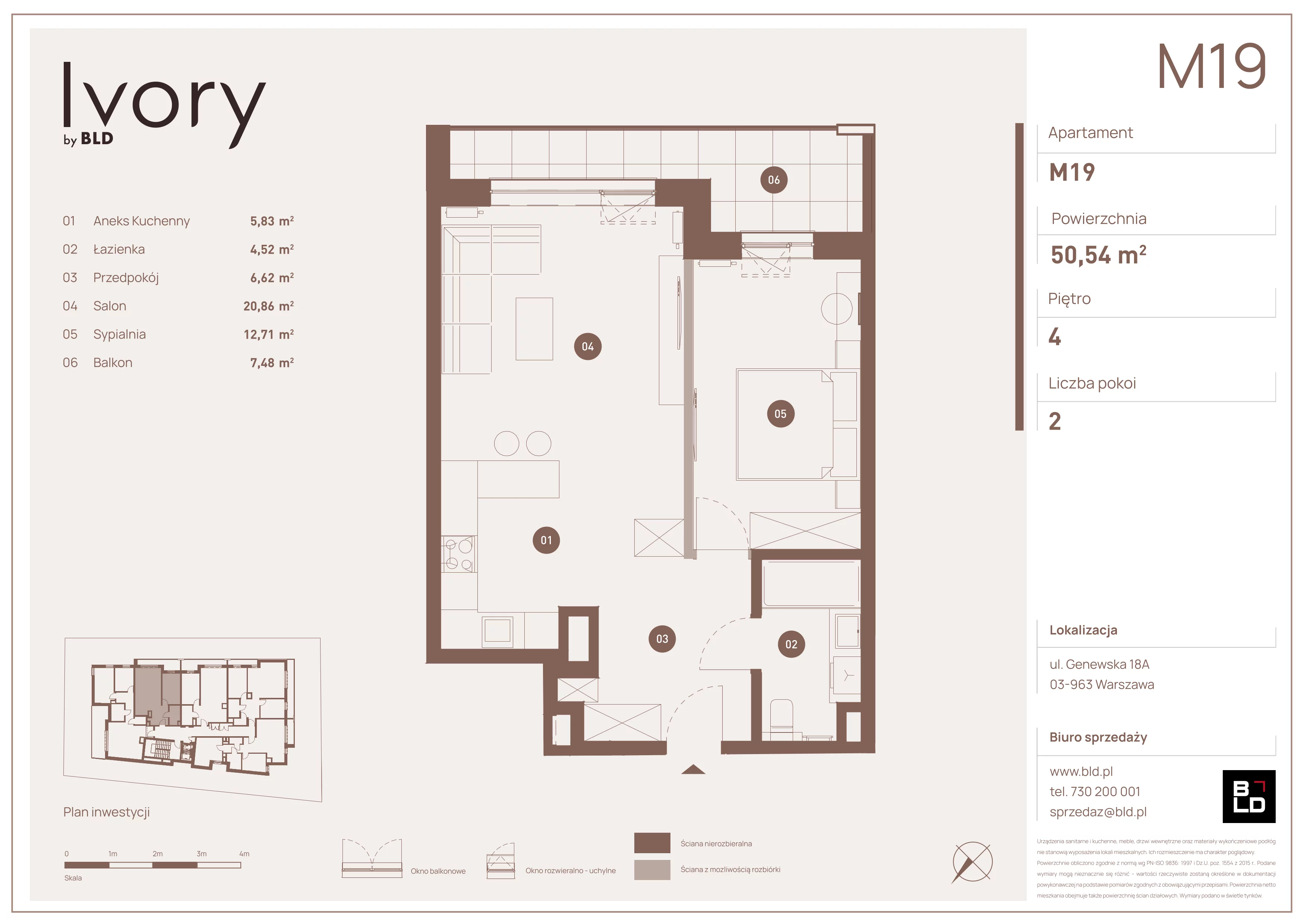 2 pokoje, mieszkanie 50,54 m², piętro 4, oferta nr M19, Ivory, Warszawa, Praga Południe, Saska Kępa, ul. Genewska 18A
