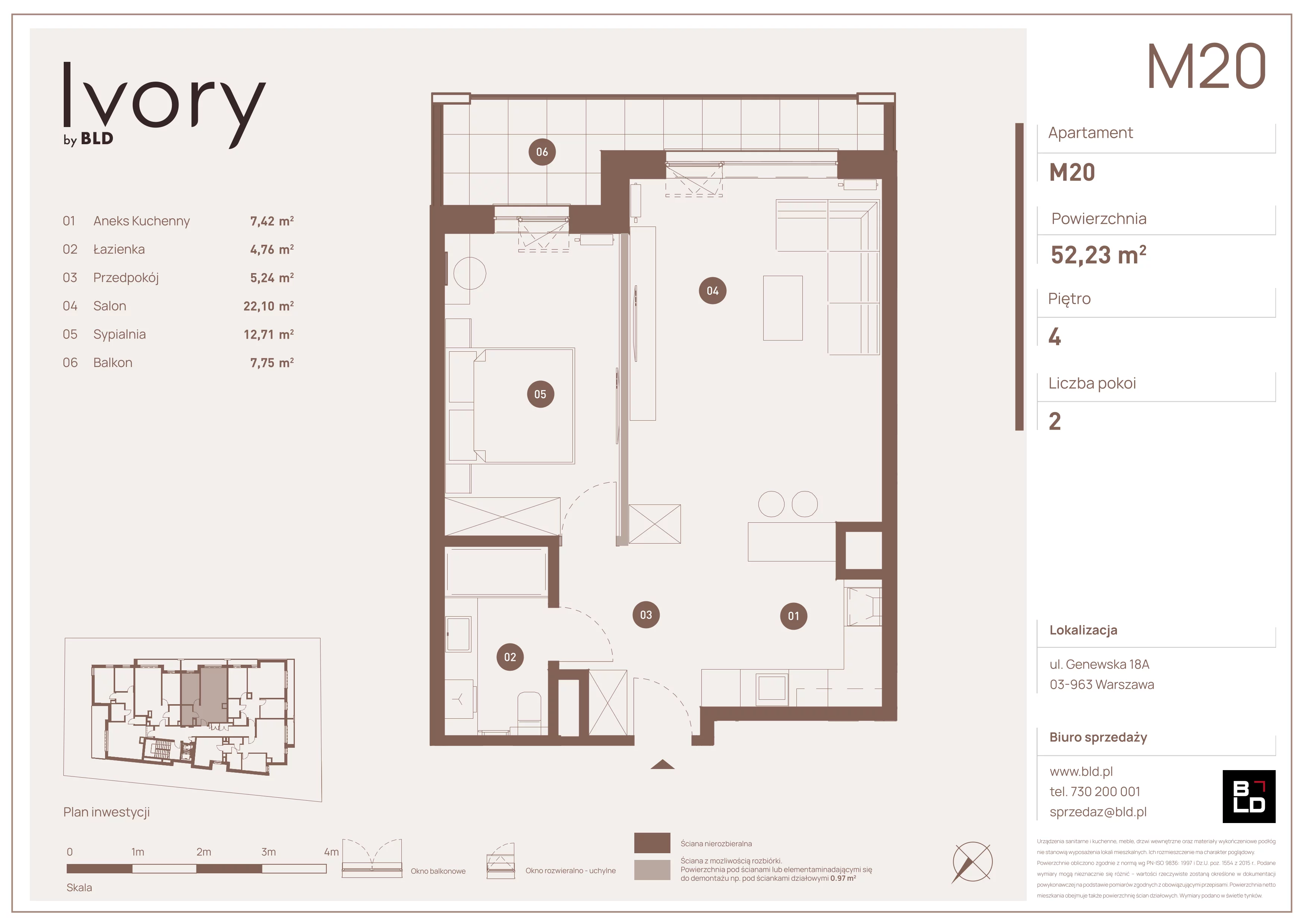 2 pokoje, mieszkanie 52,23 m², piętro 4, oferta nr M20, Ivory, Warszawa, Praga Południe, Saska Kępa, ul. Genewska 18A