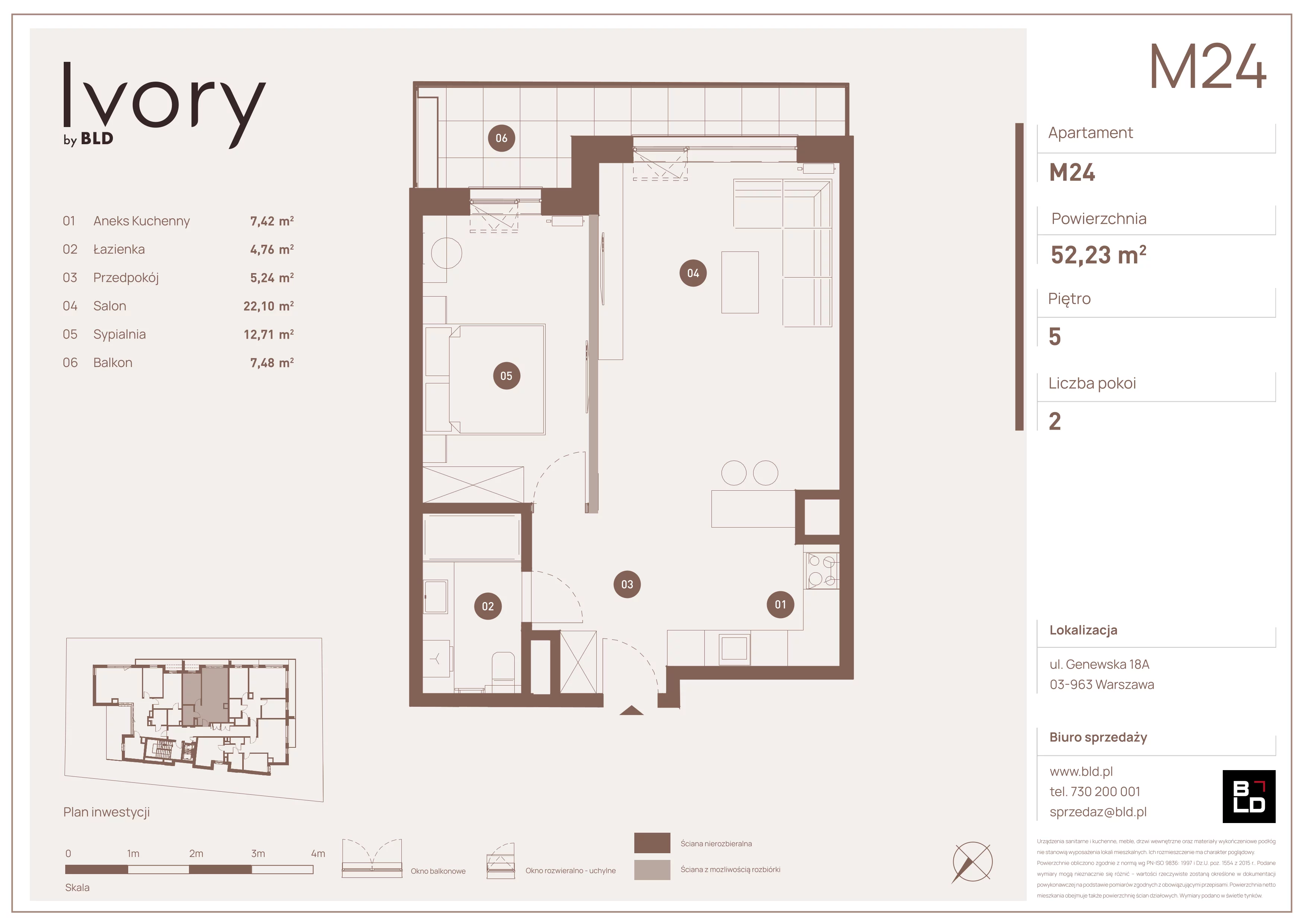 2 pokoje, mieszkanie 52,23 m², piętro 5, oferta nr M24, Ivory, Warszawa, Praga Południe, Saska Kępa, ul. Genewska 18A