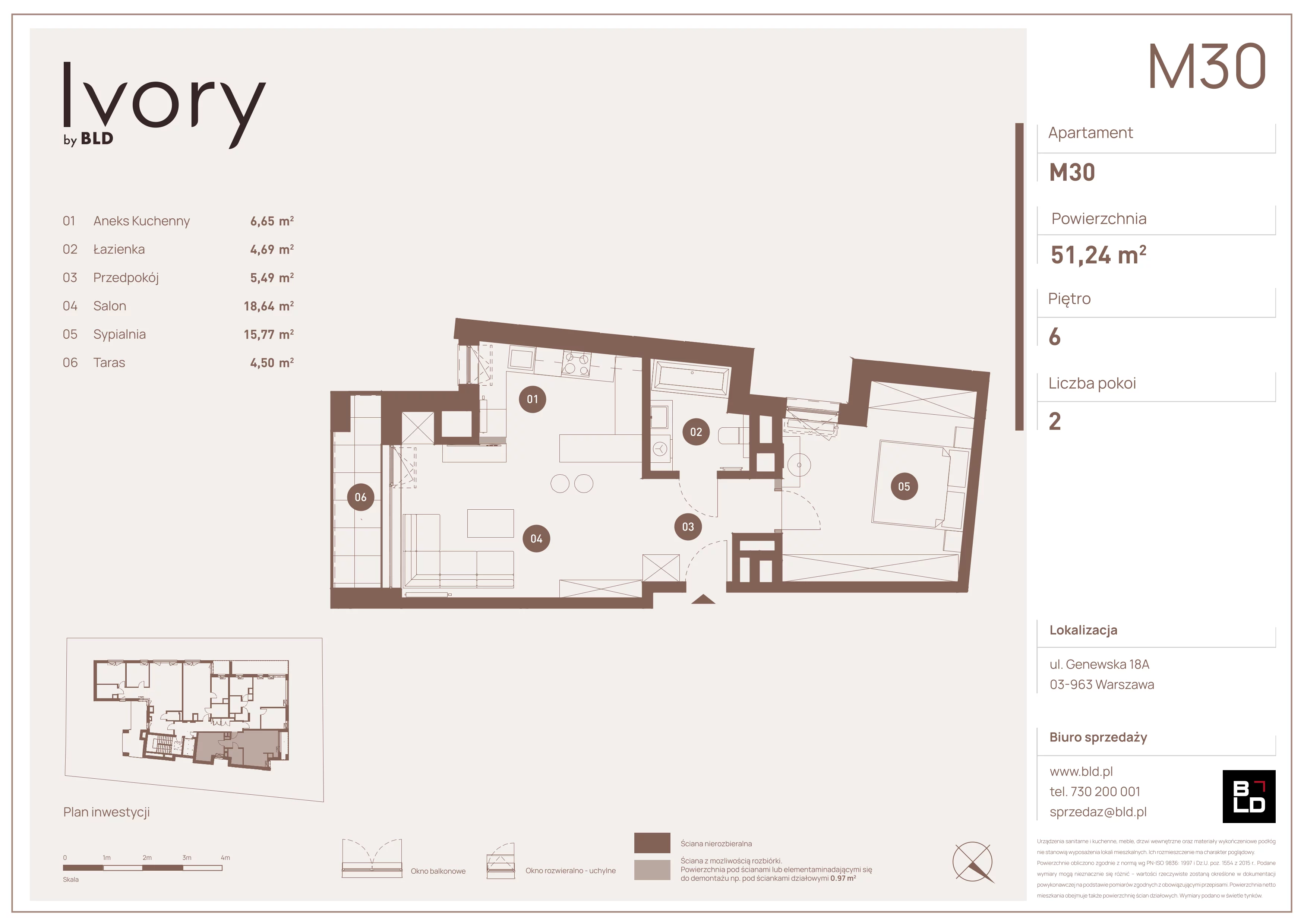 2 pokoje, mieszkanie 51,24 m², piętro 6, oferta nr M30, Ivory, Warszawa, Praga Południe, Saska Kępa, ul. Genewska 18A