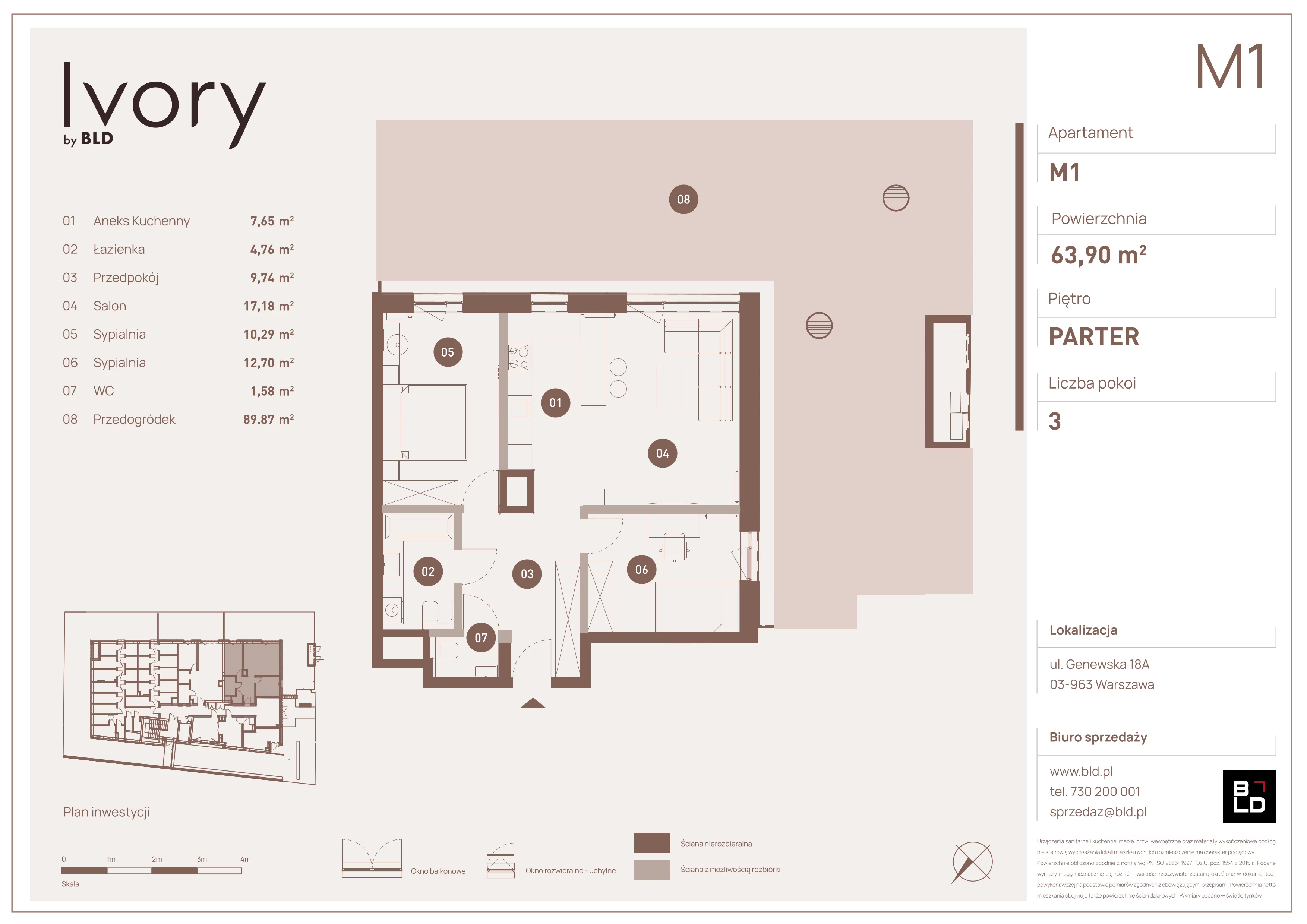 3 pokoje, mieszkanie 63,90 m², parter, oferta nr M01, Ivory, Warszawa, Praga Południe, Saska Kępa, ul. Genewska 18A