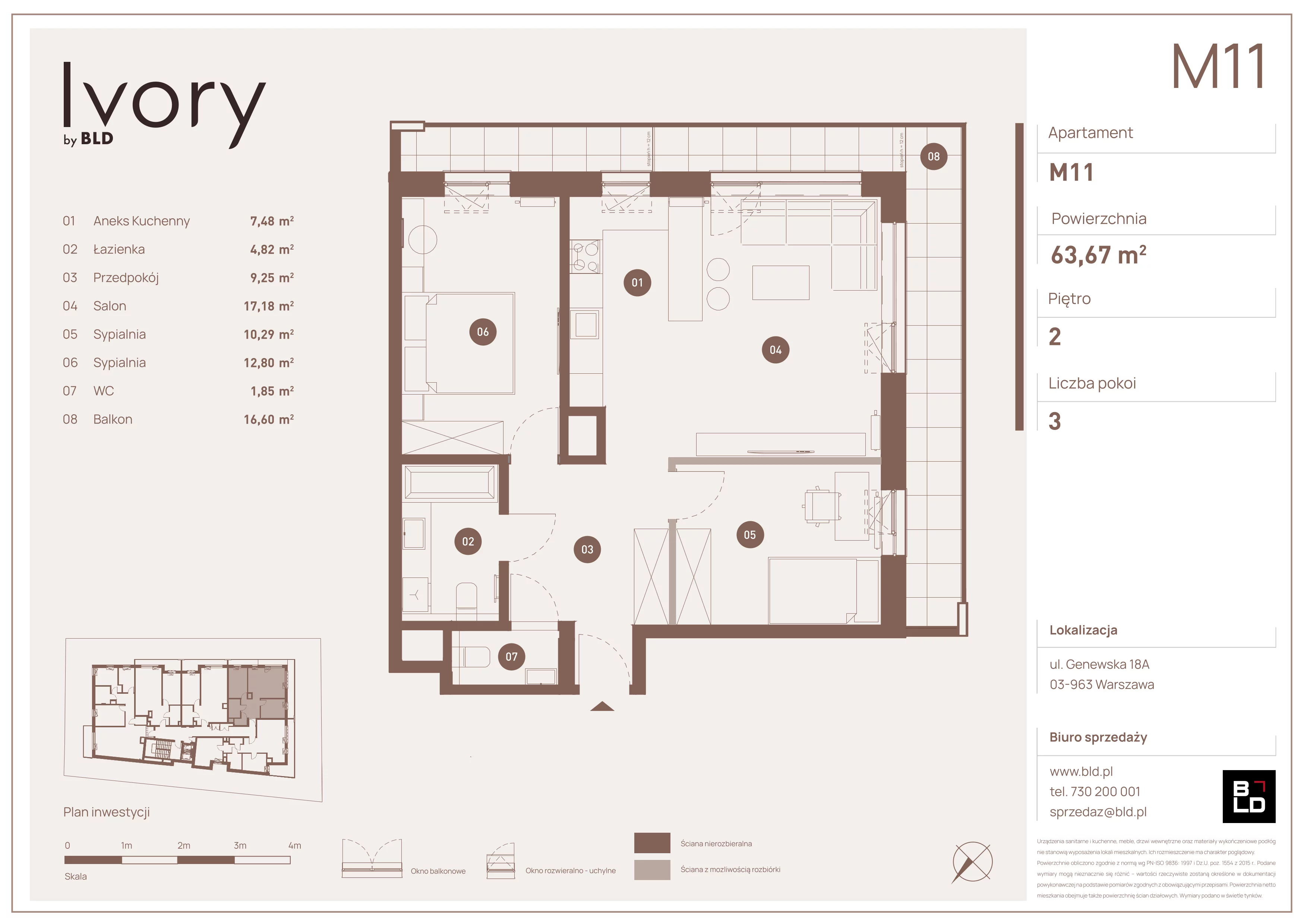 3 pokoje, mieszkanie 63,67 m², piętro 2, oferta nr M11, Ivory, Warszawa, Praga Południe, Saska Kępa, ul. Genewska 18A