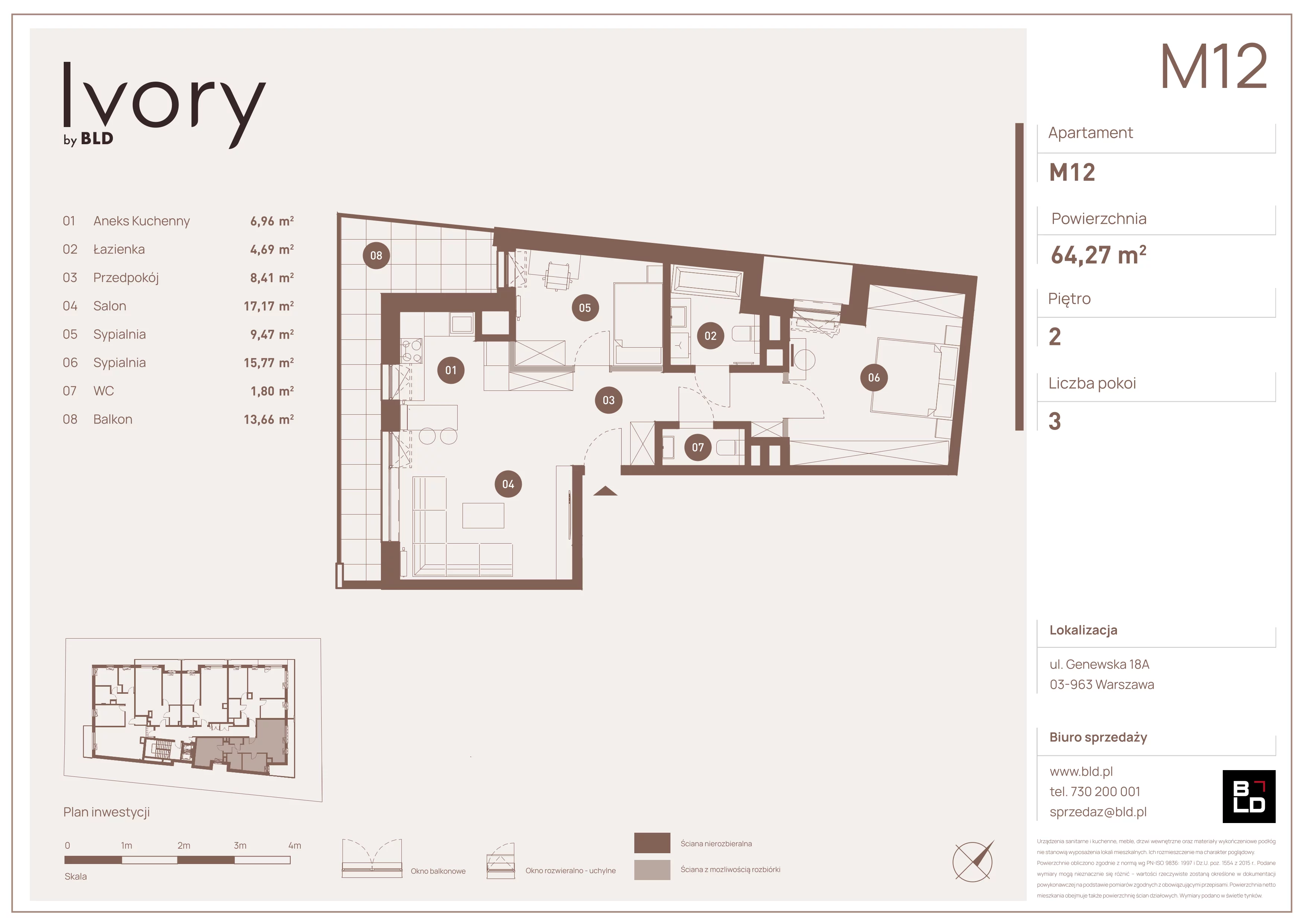 3 pokoje, mieszkanie 64,27 m², piętro 2, oferta nr M12, Ivory, Warszawa, Praga Południe, Saska Kępa, ul. Genewska 18A