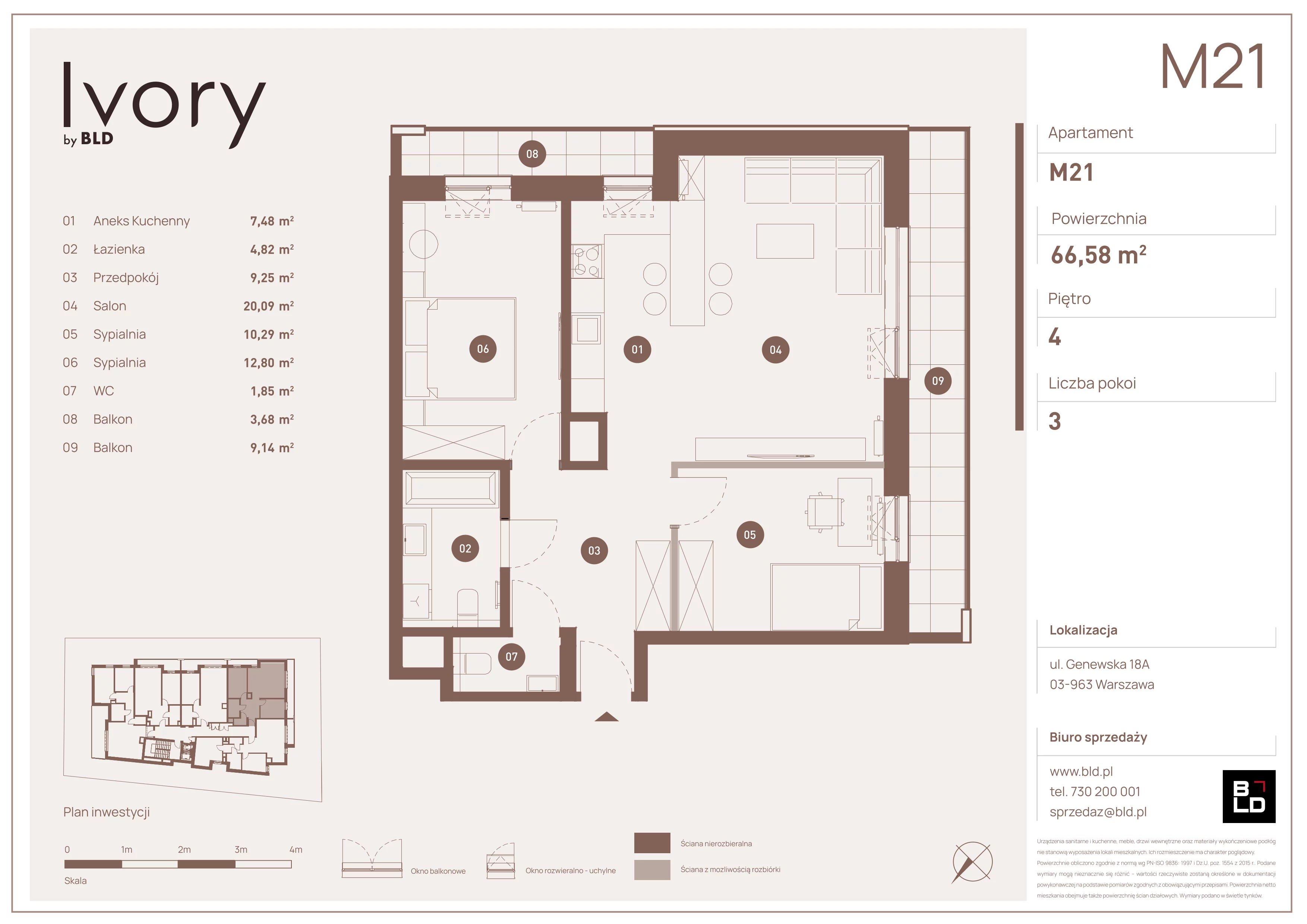 3 pokoje, mieszkanie 66,58 m², piętro 4, oferta nr M21, Ivory, Warszawa, Praga Południe, Saska Kępa, ul. Genewska 18A