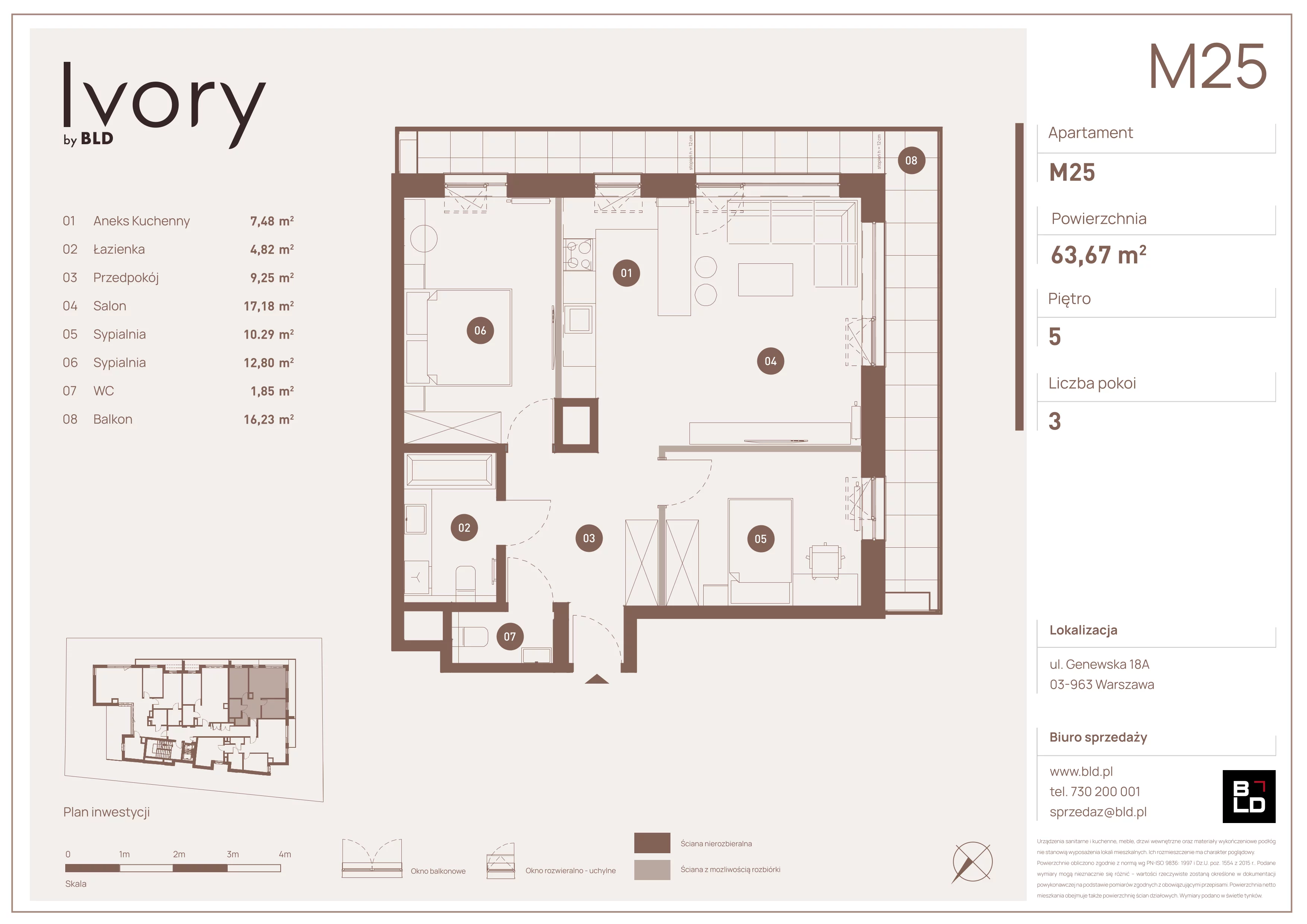 3 pokoje, mieszkanie 63,67 m², piętro 5, oferta nr M25, Ivory, Warszawa, Praga Południe, Saska Kępa, ul. Genewska 18A