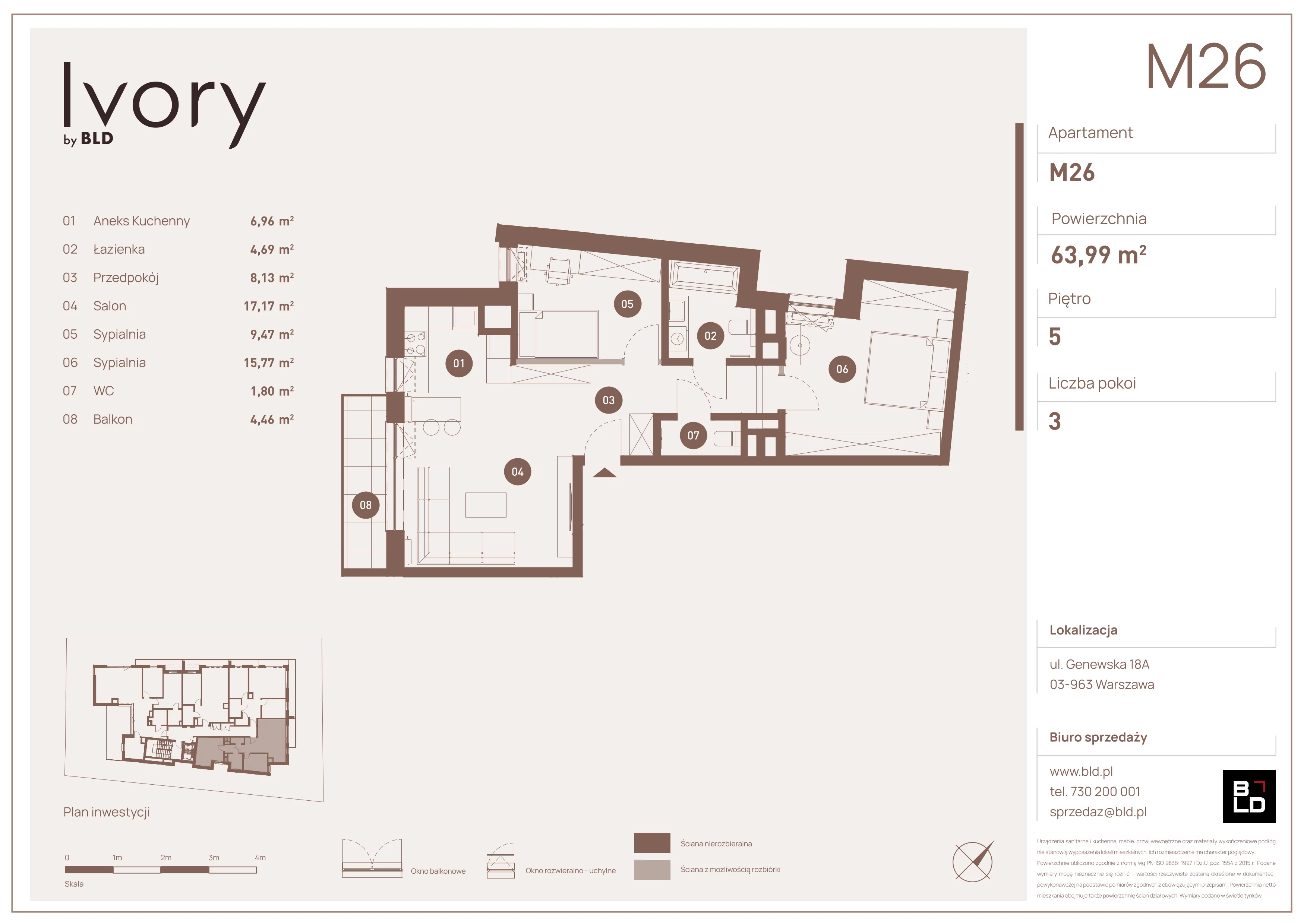 3 pokoje, mieszkanie 63,99 m², piętro 5, oferta nr M26, Ivory, Warszawa, Praga Południe, Saska Kępa, ul. Genewska 18A