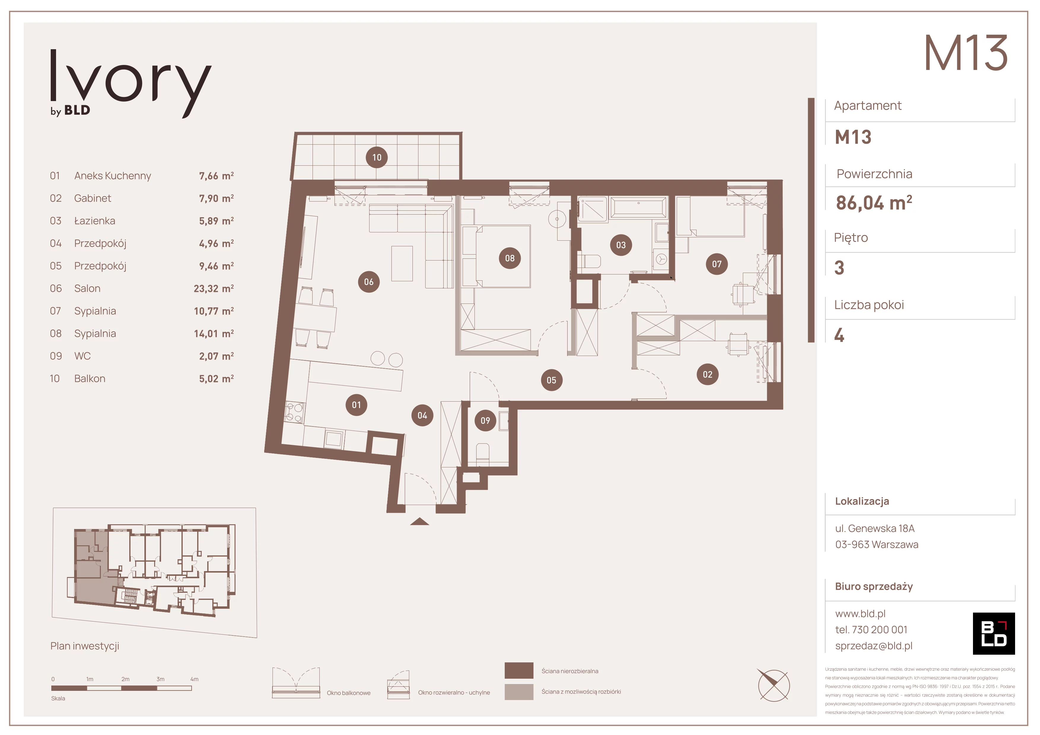 4 pokoje, mieszkanie 86,04 m², piętro 3, oferta nr M13, Ivory, Warszawa, Praga Południe, Saska Kępa, ul. Genewska 18A
