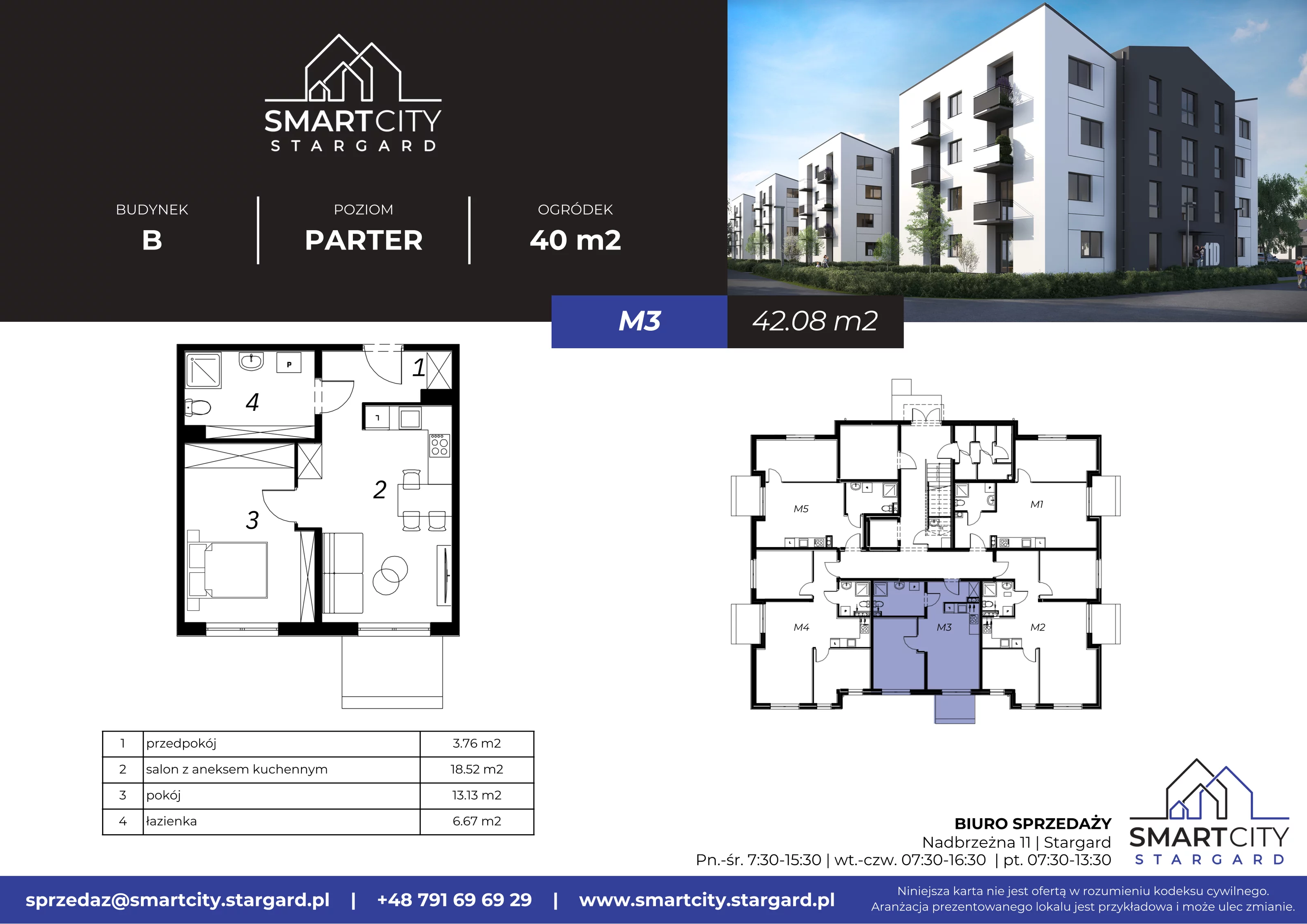 2 pokoje, mieszkanie 42,08 m², parter, oferta nr B/M3, Smart City Stargard, Stargard, ul. Nadbrzeżna 11