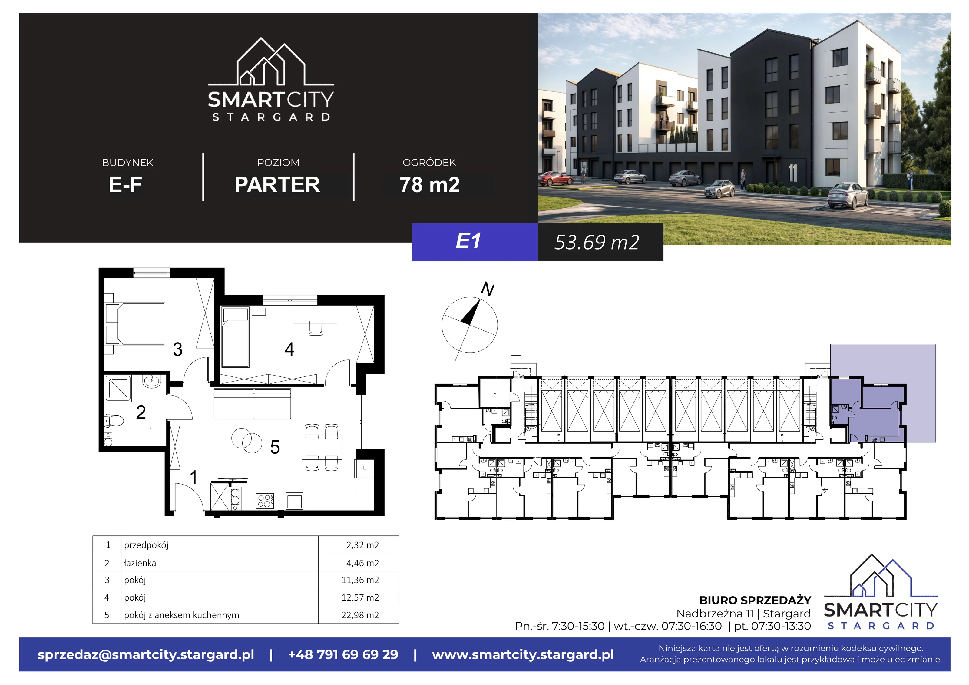 3 pokoje, mieszkanie 53,69 m², parter, oferta nr E/M1, Smart City Stargard, Stargard, ul. Nadbrzeżna 11