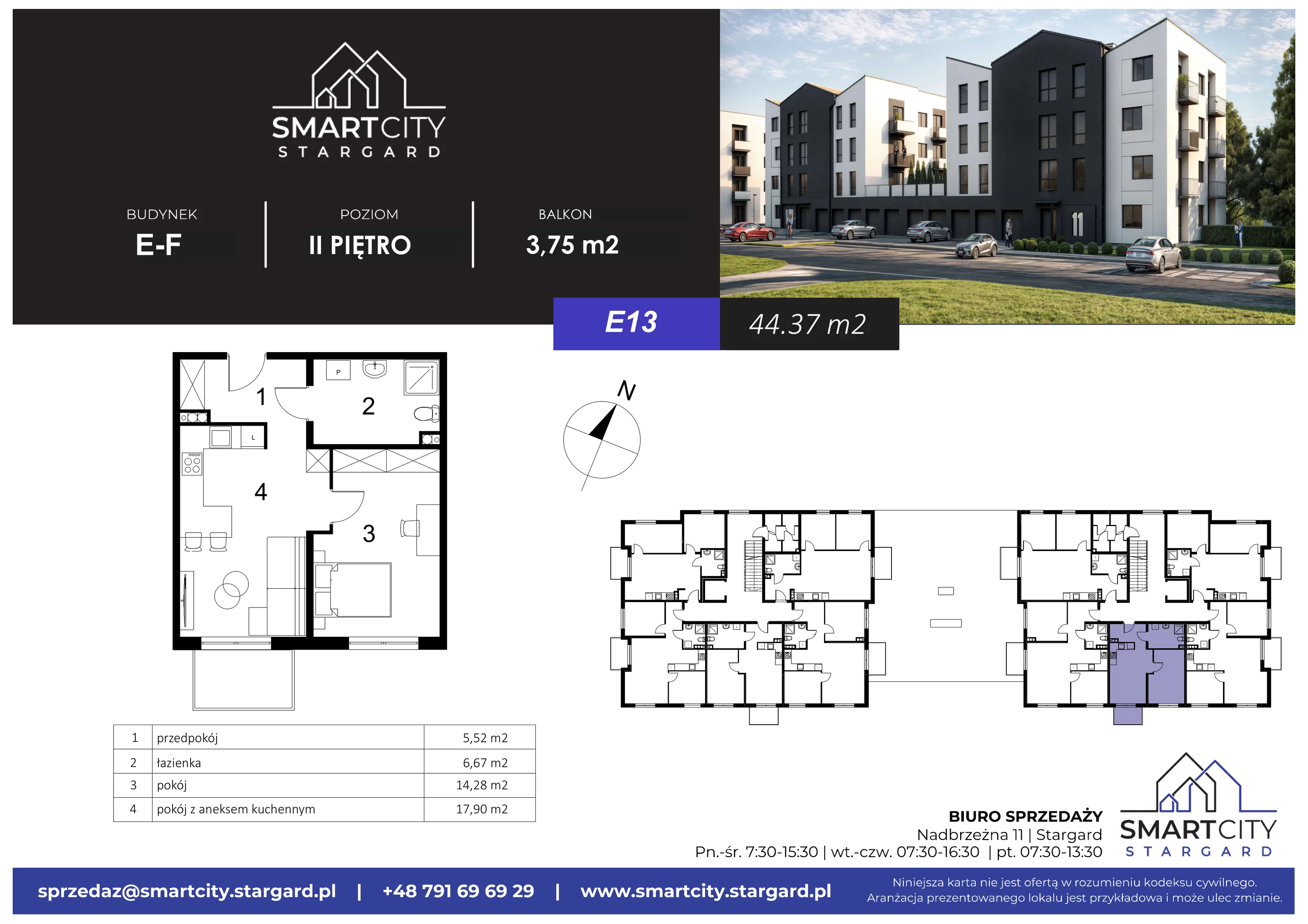 2 pokoje, mieszkanie 44,37 m², piętro 2, oferta nr E/M13, Smart City Stargard, Stargard, ul. Nadbrzeżna 11
