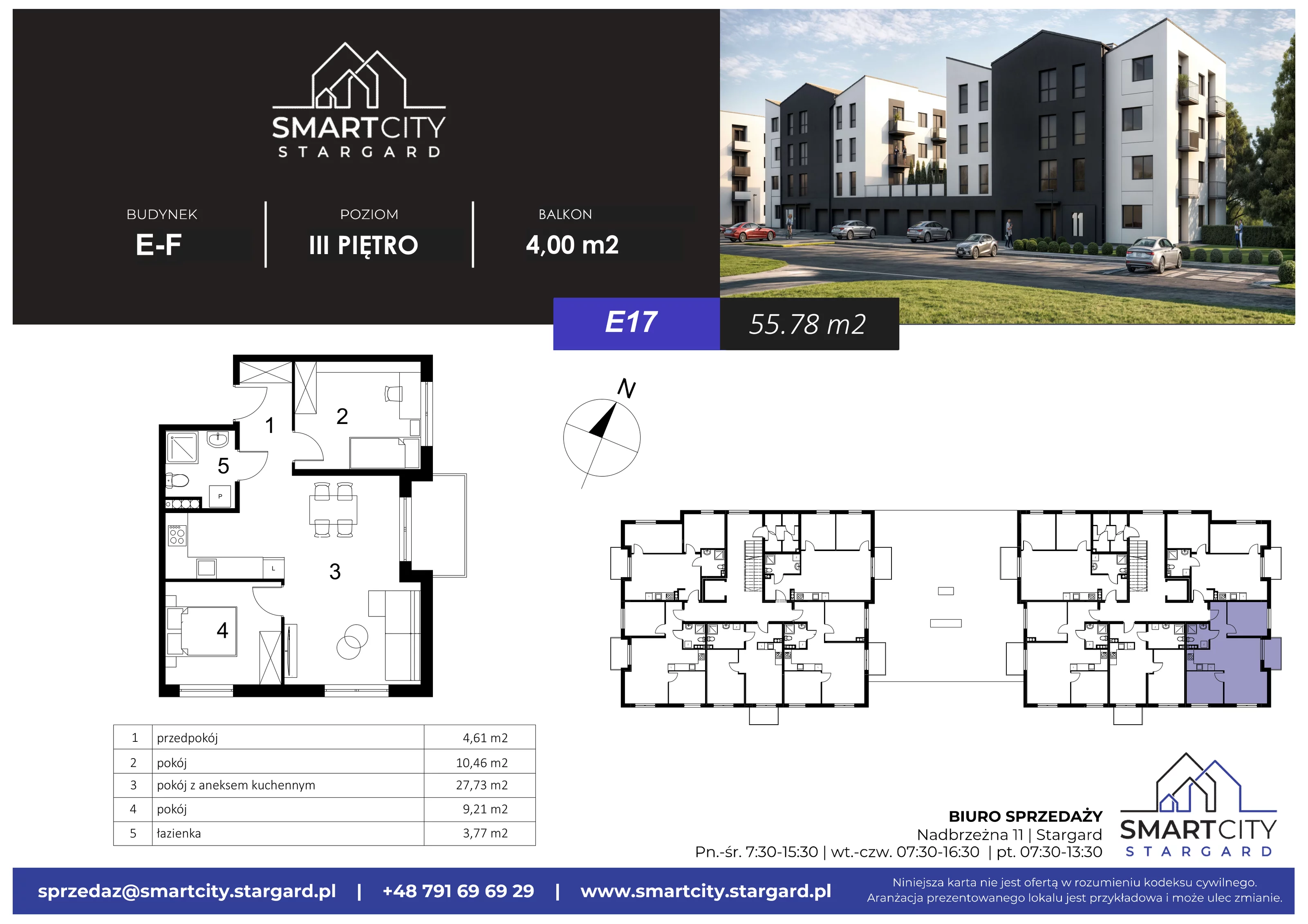 3 pokoje, mieszkanie 55,78 m², piętro 3, oferta nr E/M17, Smart City Stargard, Stargard, ul. Nadbrzeżna 11