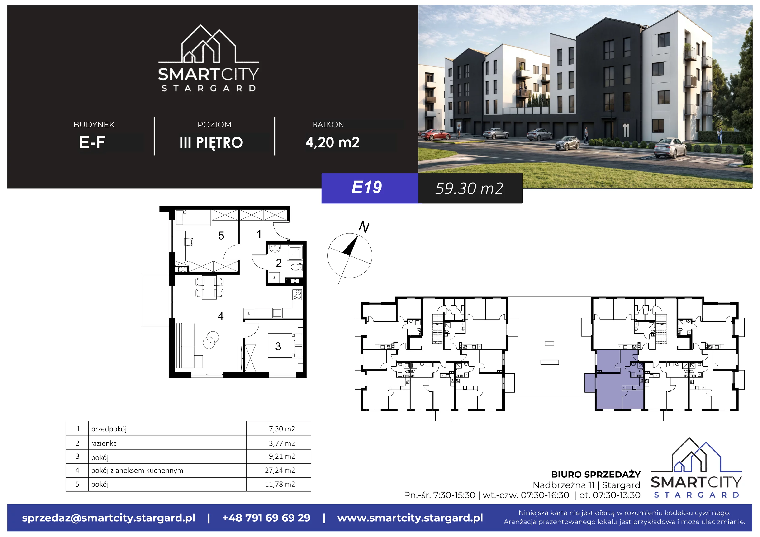 3 pokoje, mieszkanie 59,30 m², piętro 3, oferta nr E/M19, Smart City Stargard, Stargard, ul. Nadbrzeżna 11
