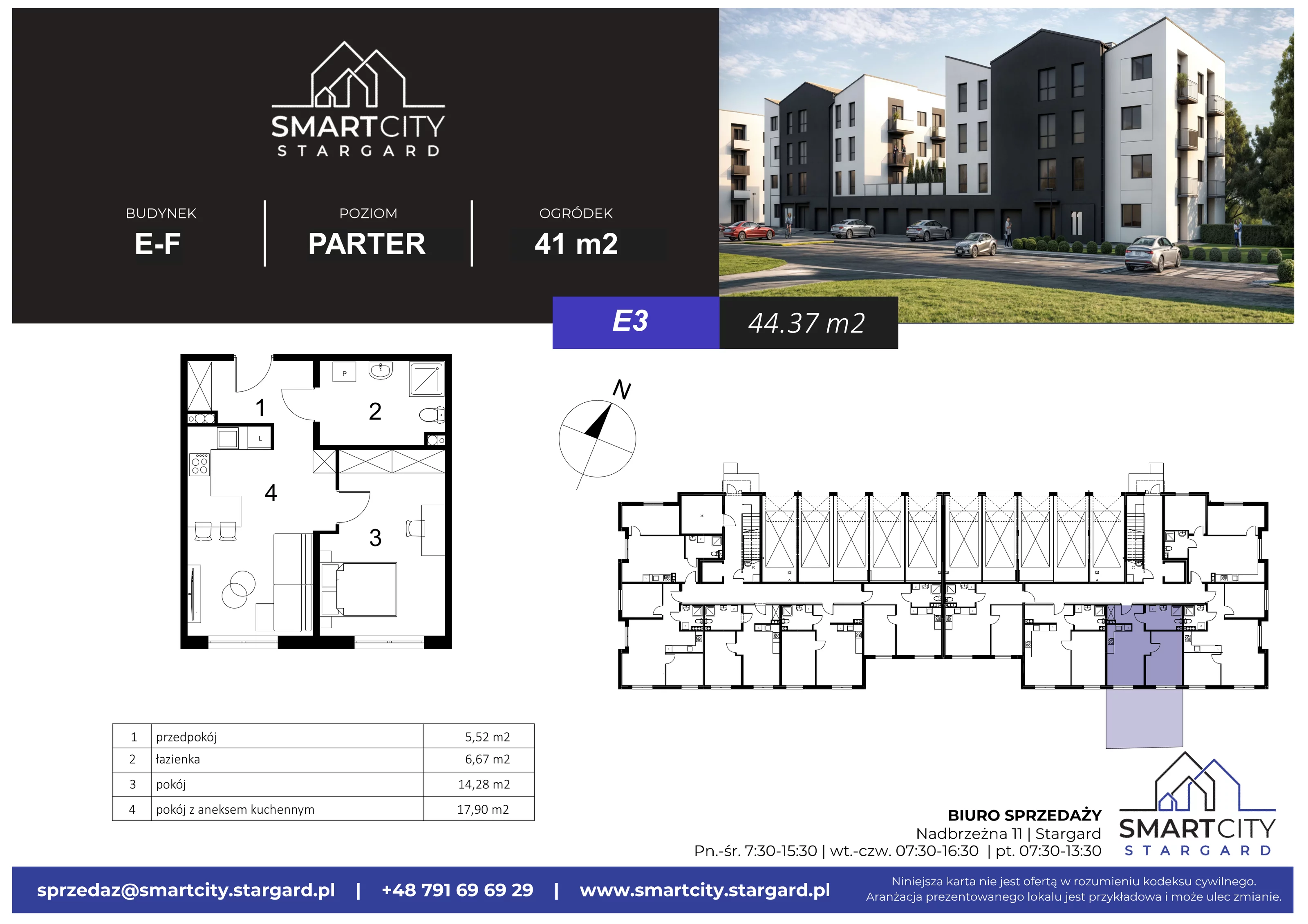 2 pokoje, mieszkanie 44,37 m², parter, oferta nr E/M3, Smart City Stargard, Stargard, ul. Nadbrzeżna 11