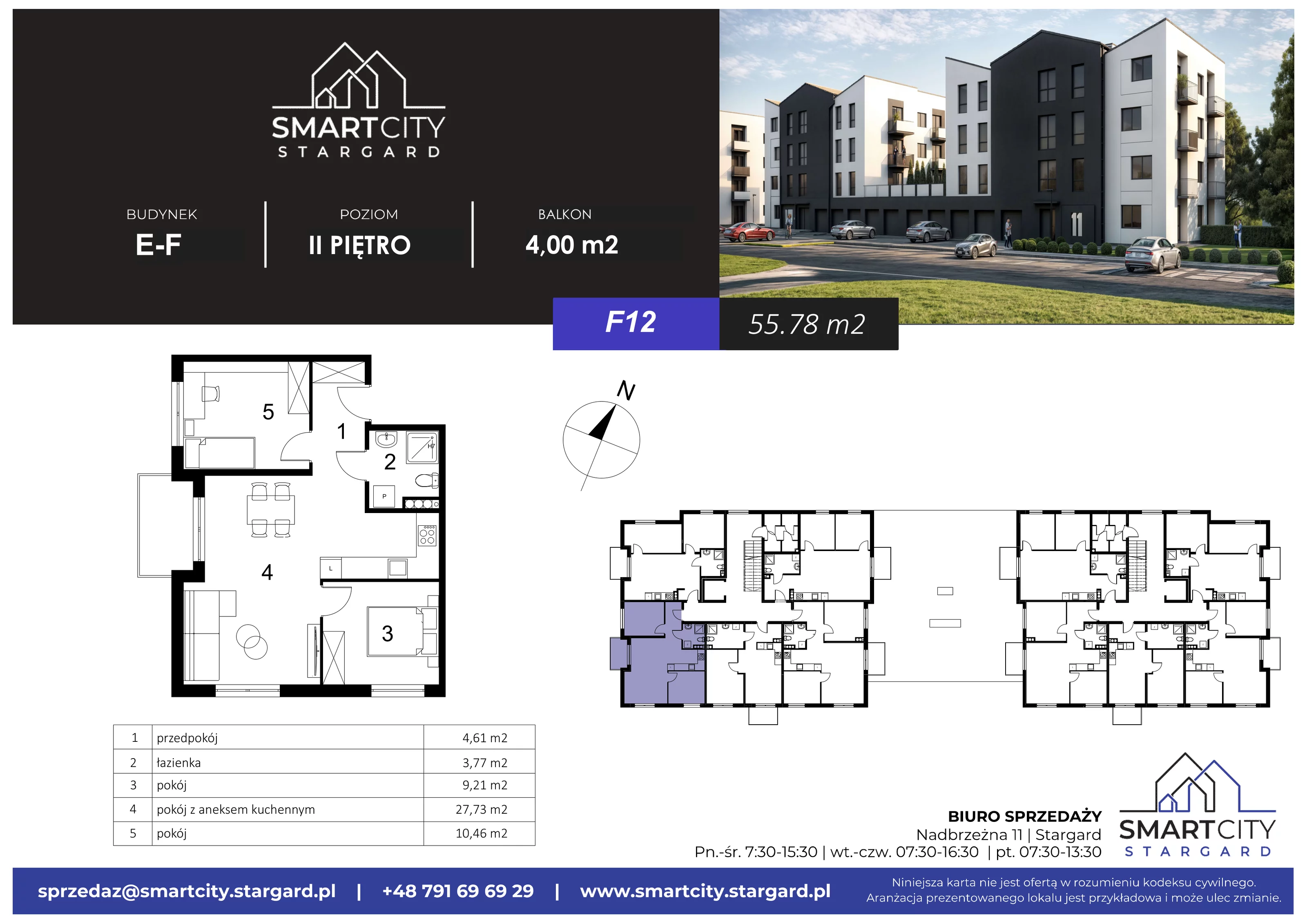 3 pokoje, mieszkanie 55,78 m², piętro 2, oferta nr F/M12, Smart City Stargard, Stargard, ul. Nadbrzeżna 11