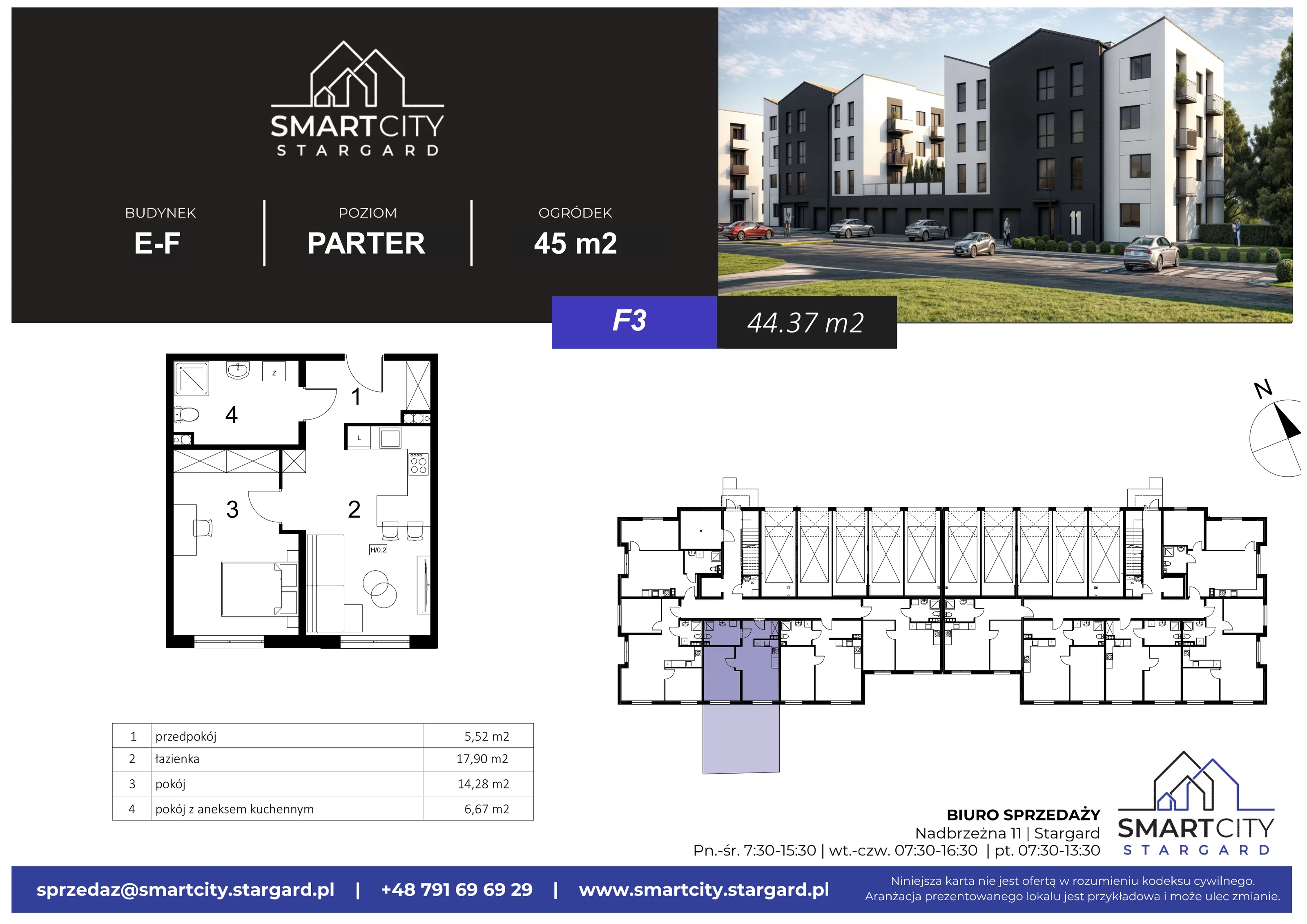 2 pokoje, mieszkanie 44,37 m², parter, oferta nr F/M3, Smart City Stargard, Stargard, ul. Nadbrzeżna 11