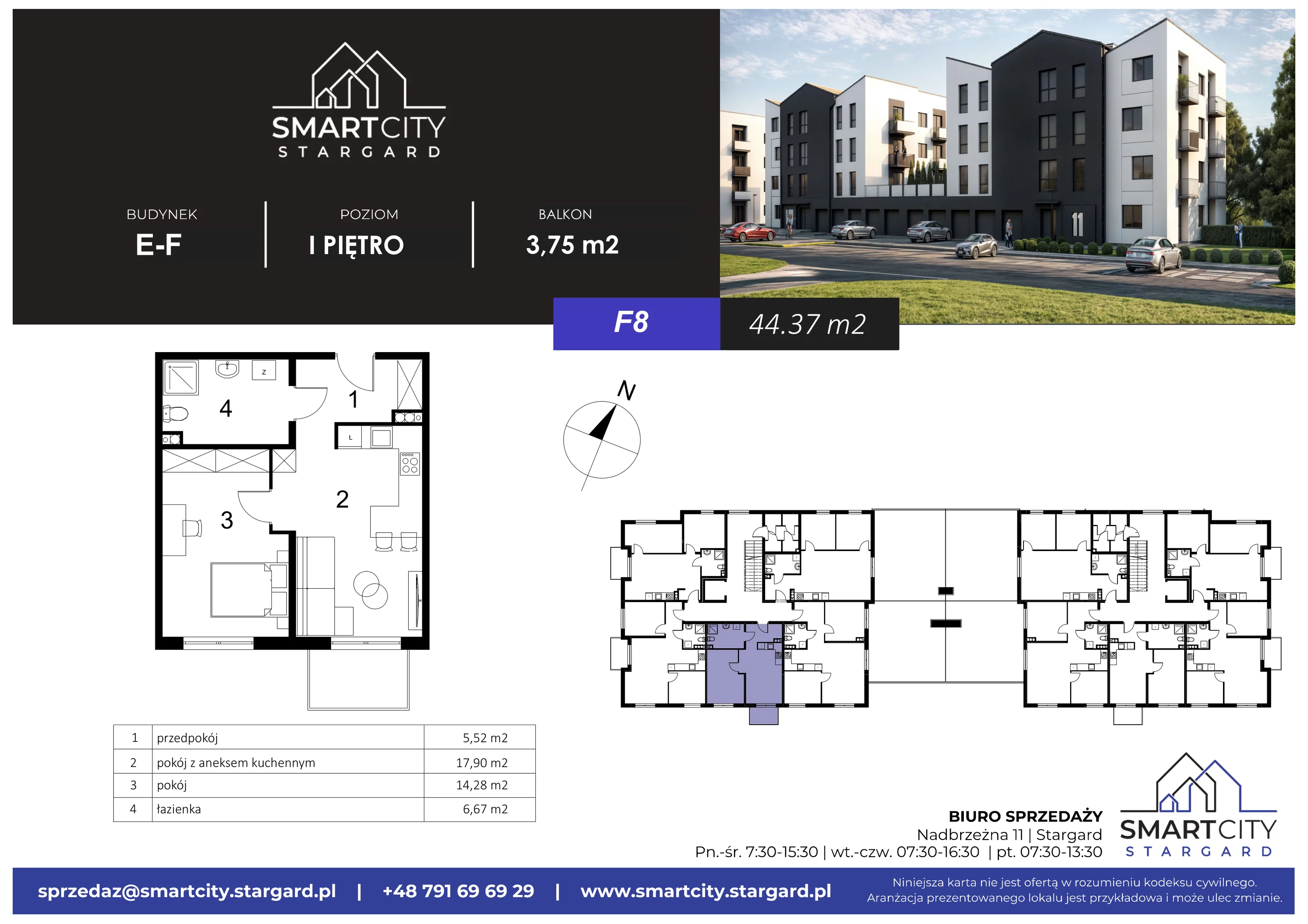 2 pokoje, mieszkanie 44,37 m², piętro 1, oferta nr F/M8, Smart City Stargard, Stargard, ul. Nadbrzeżna 11