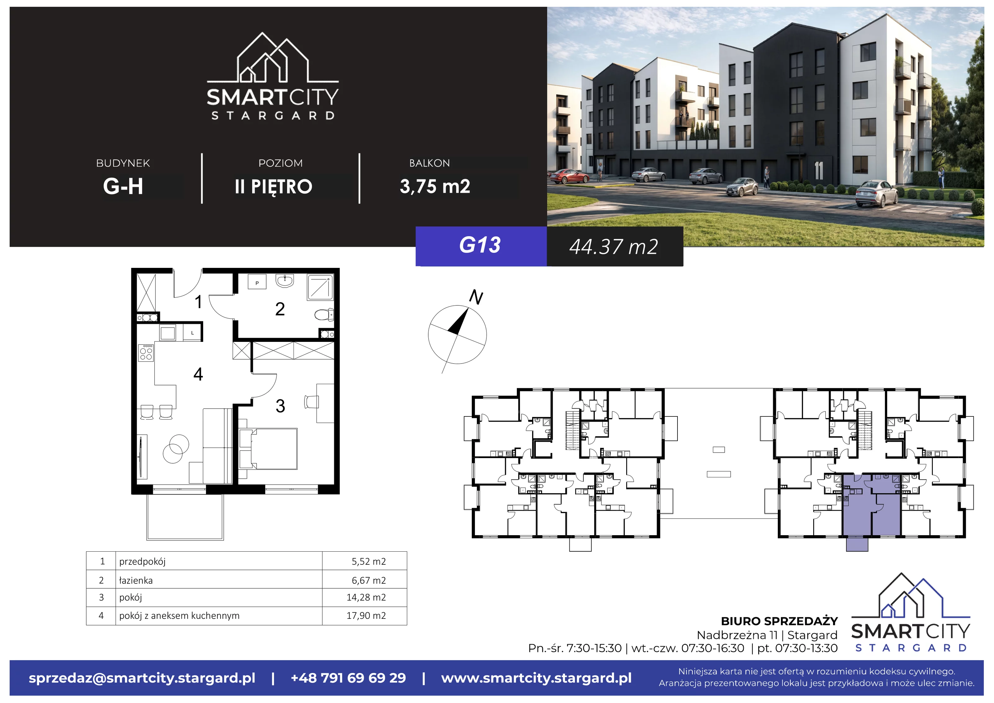 2 pokoje, mieszkanie 44,37 m², piętro 2, oferta nr G/M13, Smart City Stargard, Stargard, ul. Nadbrzeżna 11