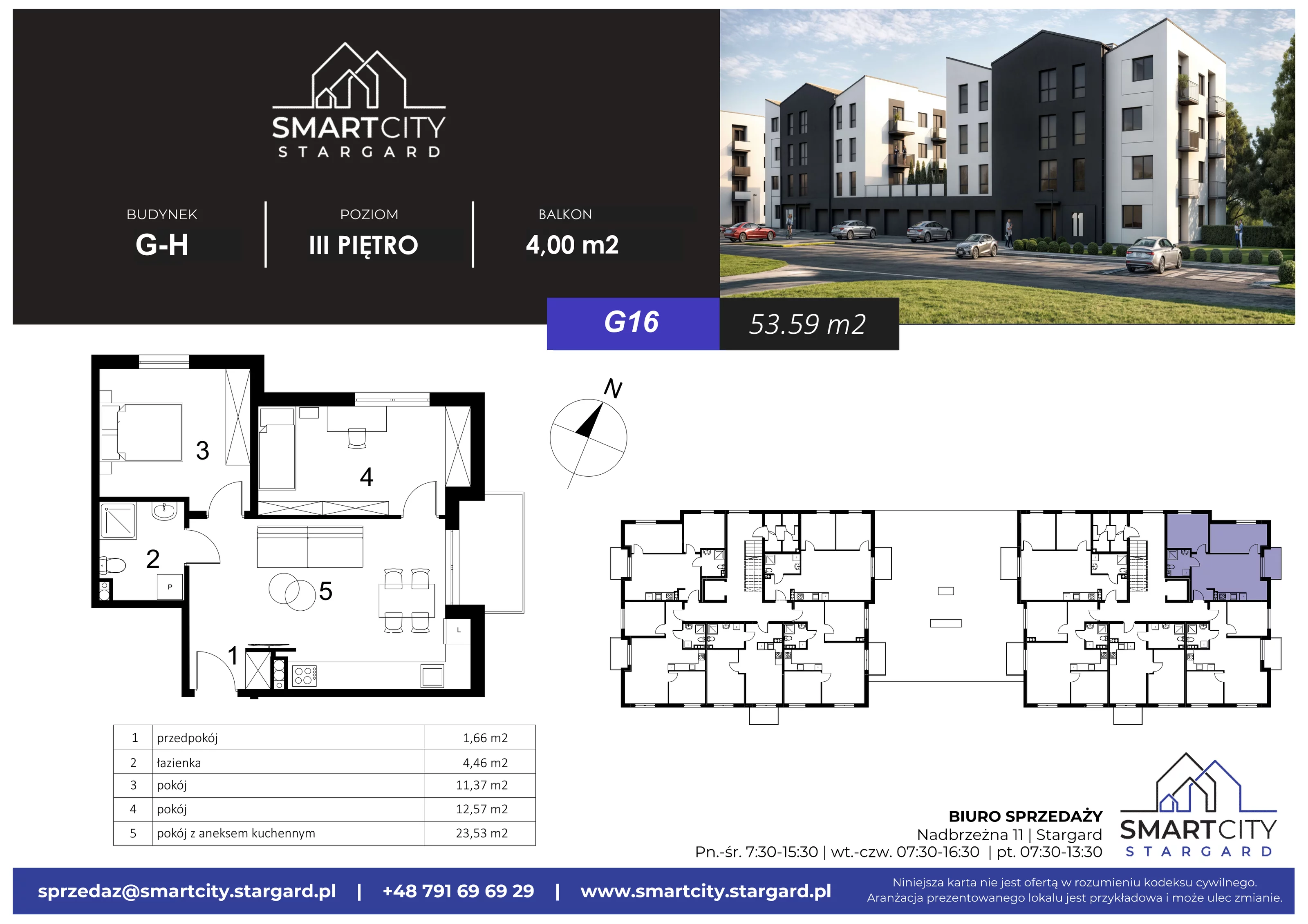 3 pokoje, mieszkanie 53,59 m², piętro 3, oferta nr G/M16, Smart City Stargard, Stargard, ul. Nadbrzeżna 11