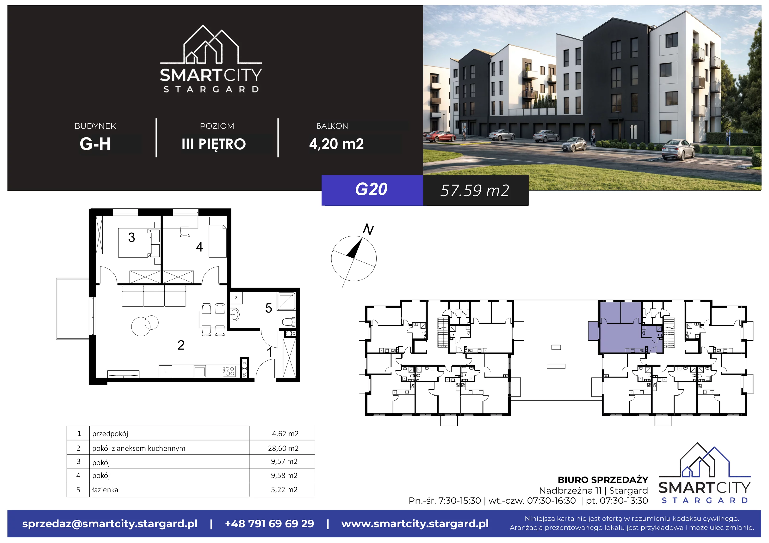 3 pokoje, mieszkanie 57,59 m², piętro 3, oferta nr G/M20, Smart City Stargard, Stargard, ul. Nadbrzeżna 11
