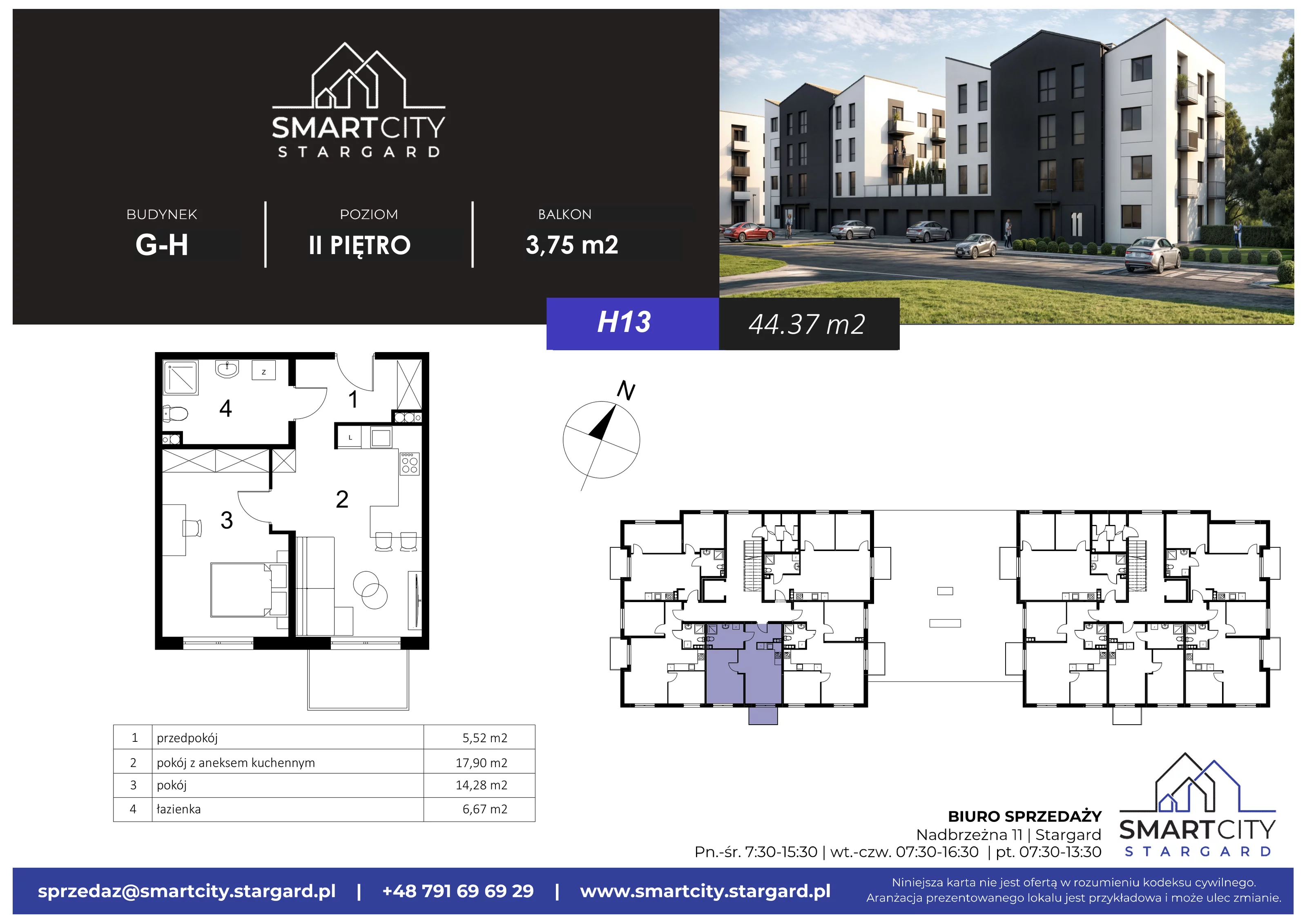 2 pokoje, mieszkanie 44,37 m², piętro 2, oferta nr H/M13, Smart City Stargard, Stargard, ul. Nadbrzeżna 11