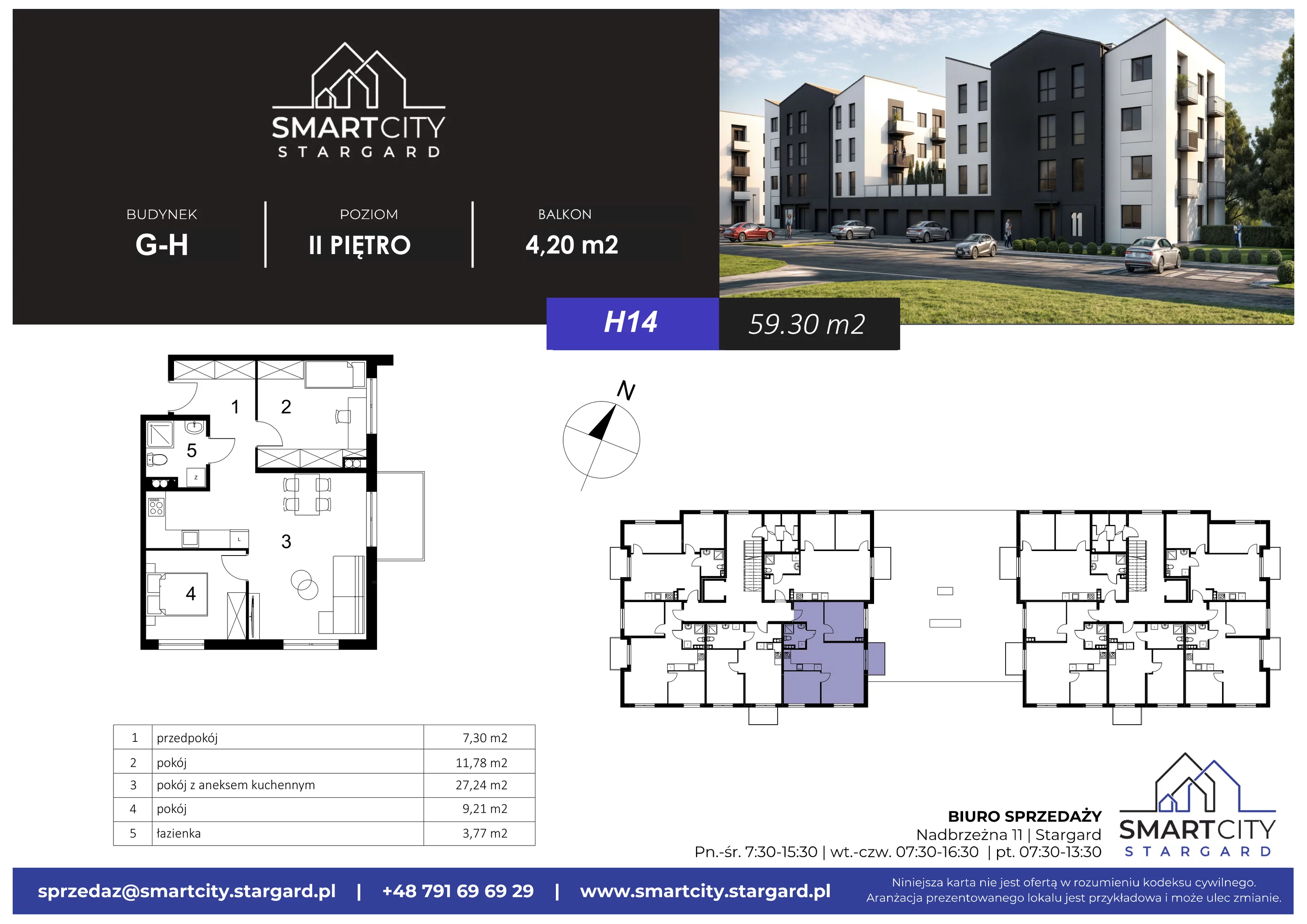 3 pokoje, mieszkanie 59,30 m², piętro 2, oferta nr H/M14, Smart City Stargard, Stargard, ul. Nadbrzeżna 11