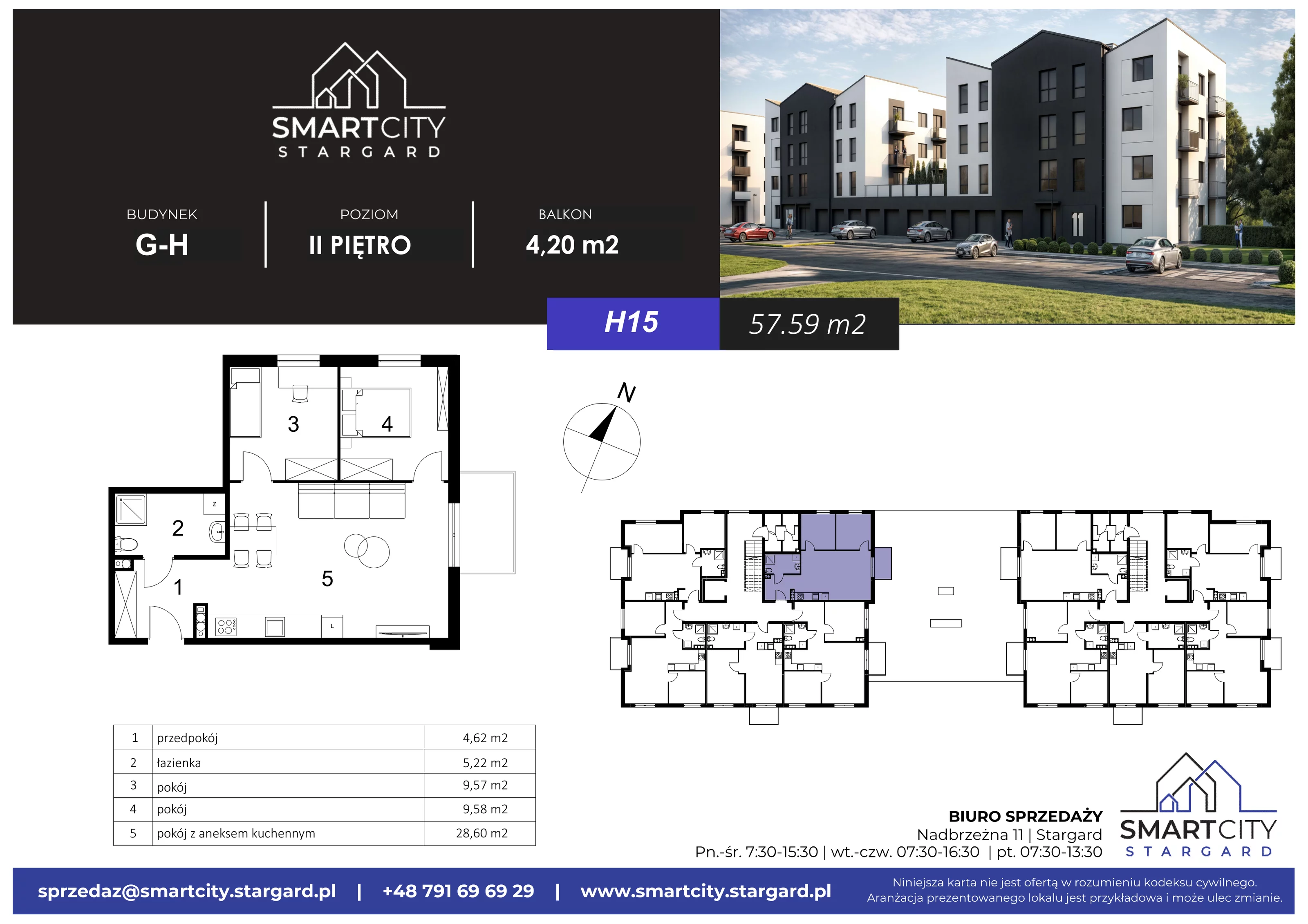 3 pokoje, mieszkanie 57,59 m², piętro 2, oferta nr H/M15, Smart City Stargard, Stargard, ul. Nadbrzeżna 11