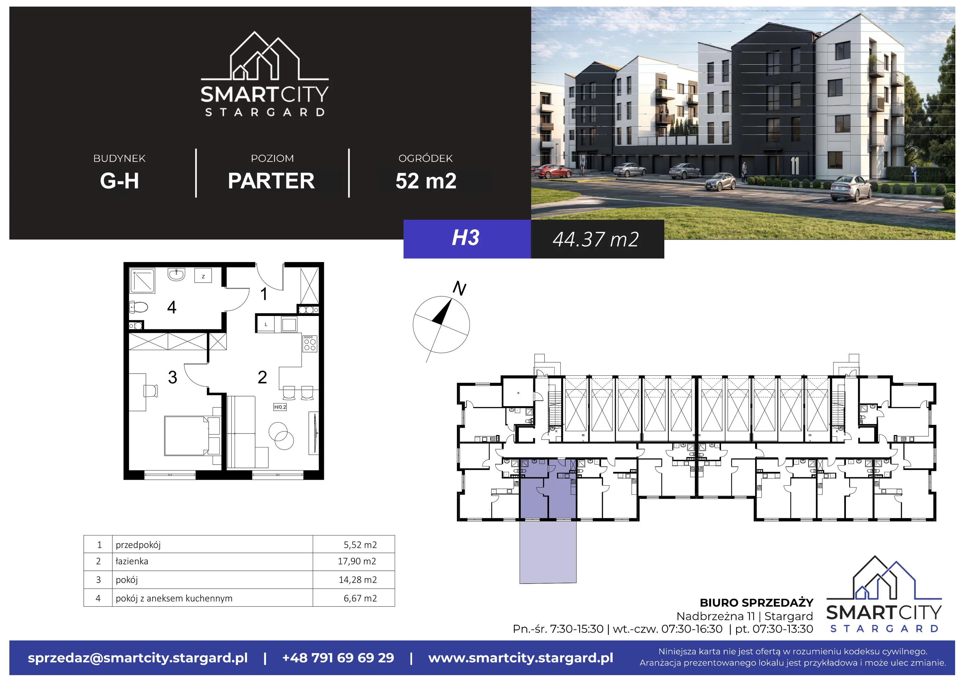 2 pokoje, mieszkanie 44,37 m², parter, oferta nr H/M3, Smart City Stargard, Stargard, ul. Nadbrzeżna 11