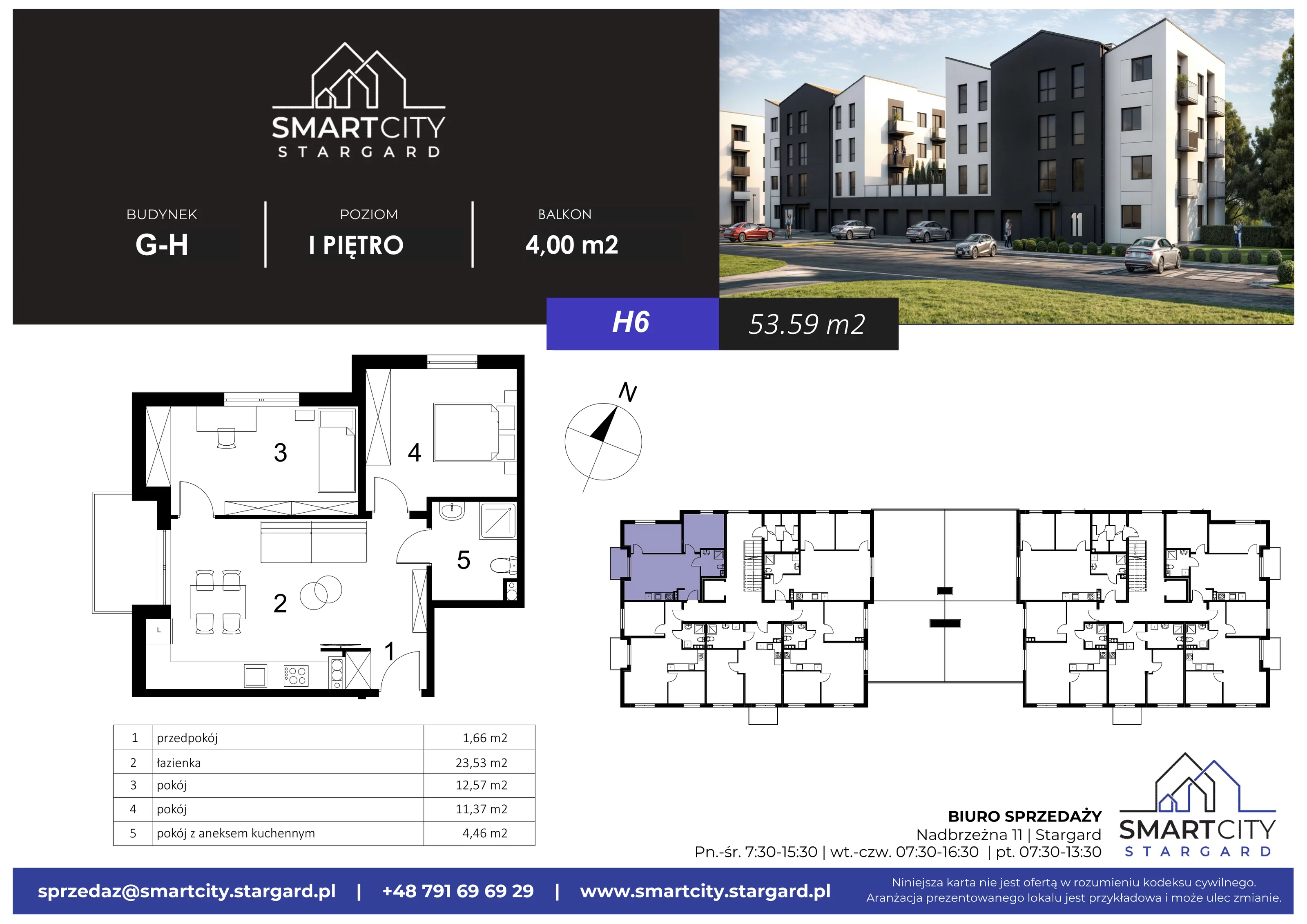 3 pokoje, mieszkanie 53,59 m², piętro 1, oferta nr H/M6, Smart City Stargard, Stargard, ul. Nadbrzeżna 11