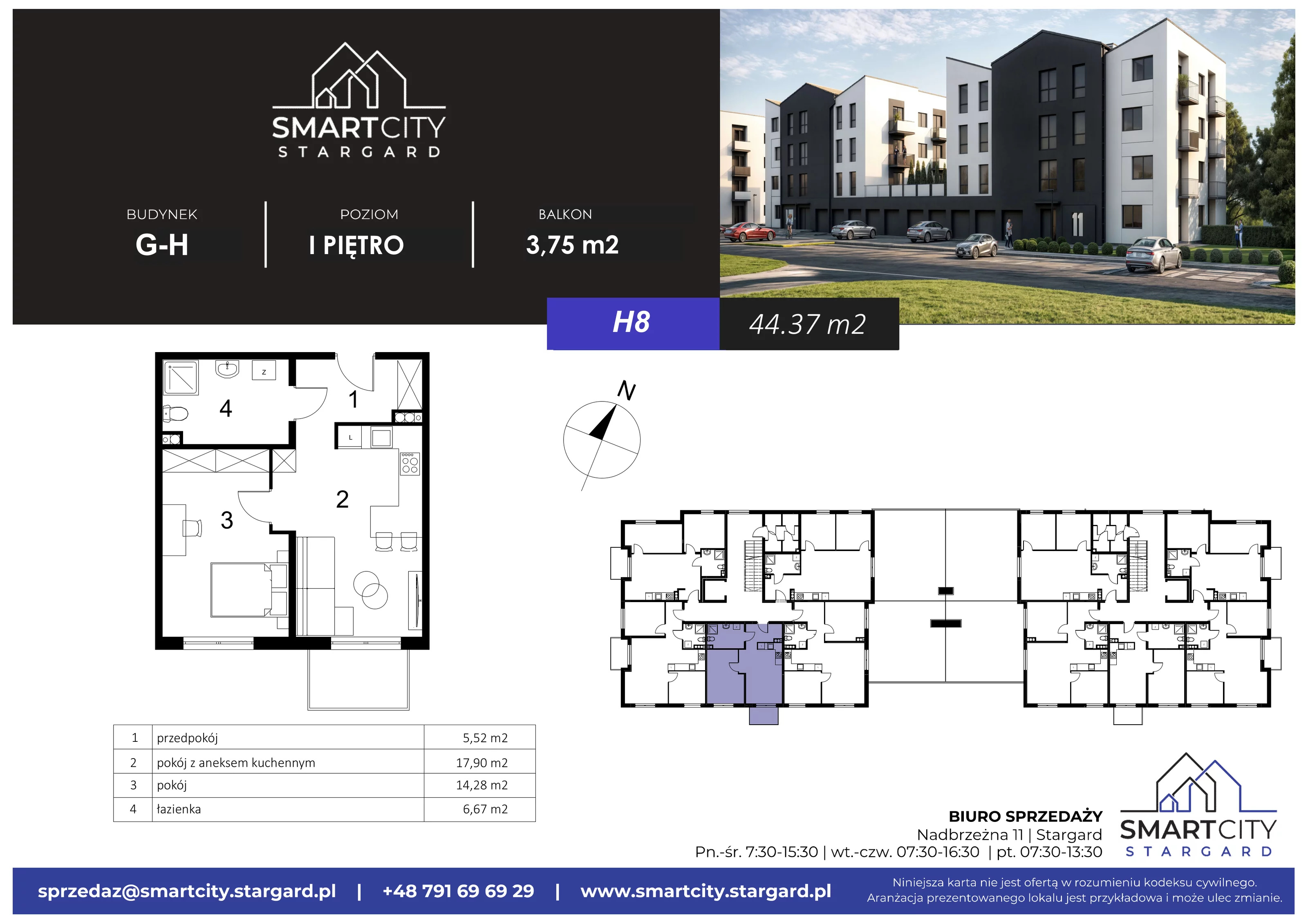 2 pokoje, mieszkanie 44,37 m², piętro 1, oferta nr H/M8, Smart City Stargard, Stargard, ul. Nadbrzeżna 11