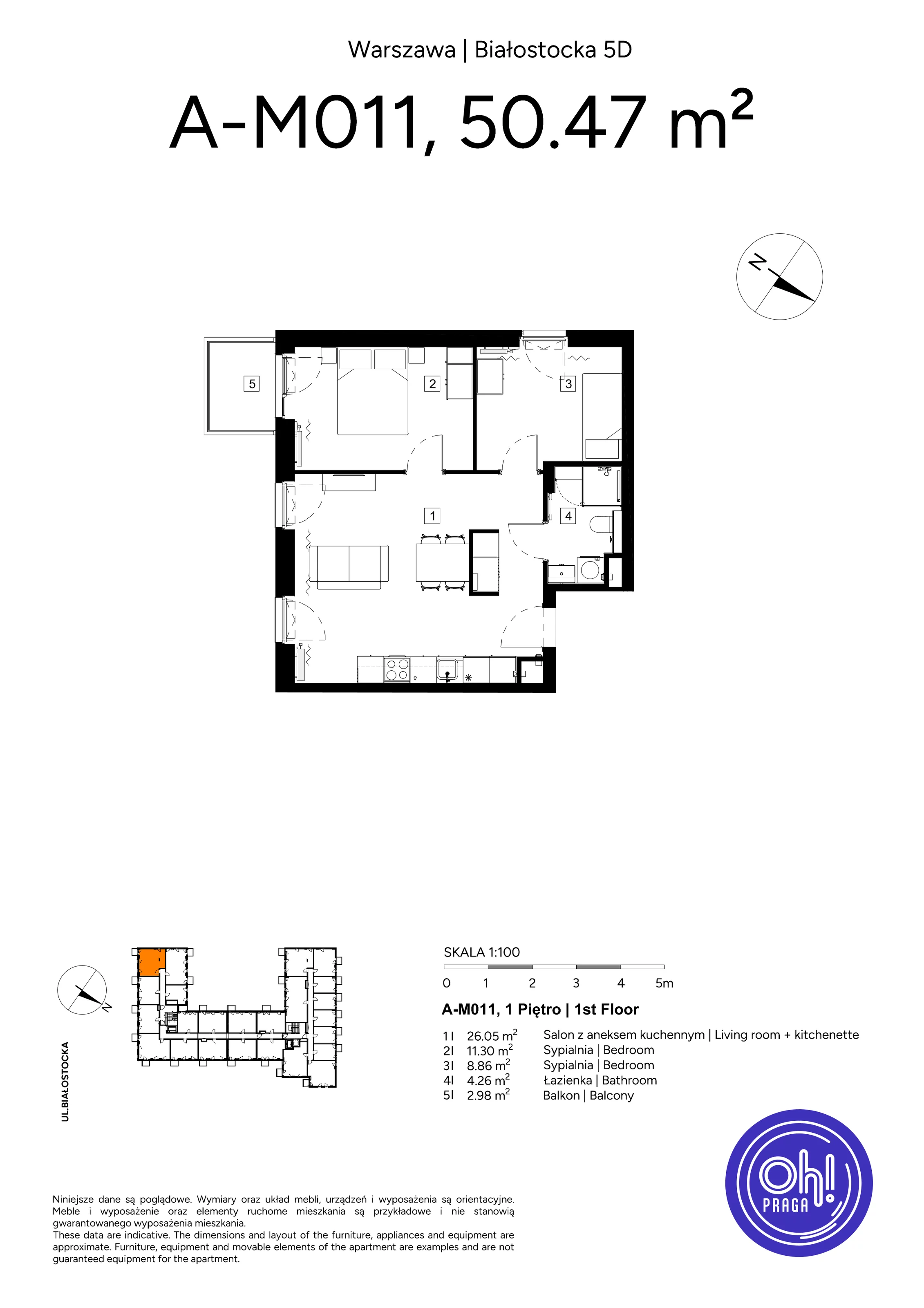3 pokoje, mieszkanie 50,47 m², piętro 1, oferta nr A.M011, Oh! Praga, Warszawa, Praga Północ, Szmulki, ul. Białostocka 5D