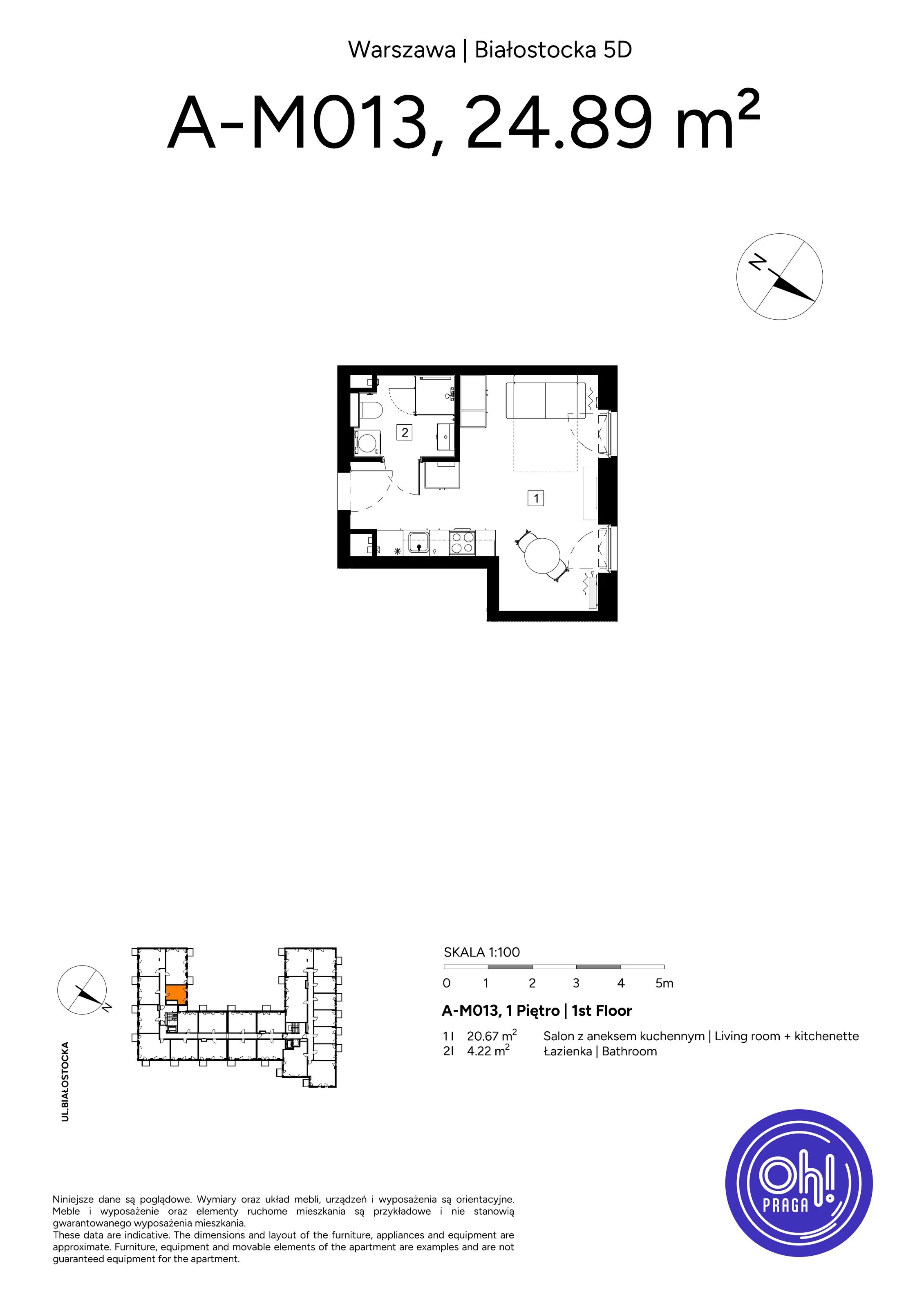 1 pokój, mieszkanie 24,89 m², piętro 1, oferta nr A.M013, Oh! Praga, Warszawa, Praga Północ, Szmulki, ul. Białostocka 5D