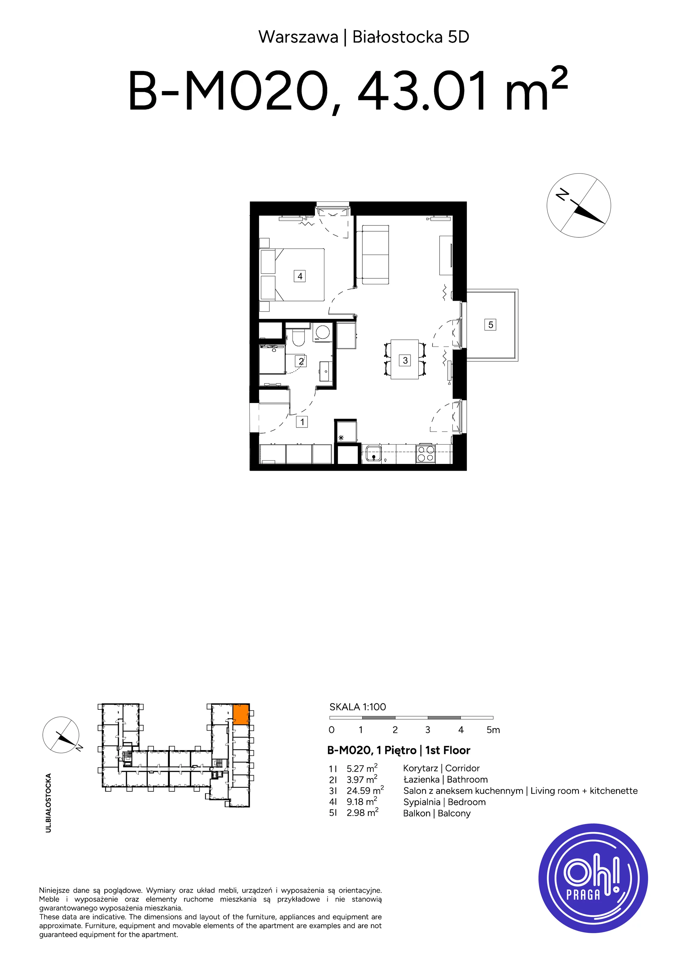 2 pokoje, mieszkanie 43,01 m², piętro 1, oferta nr B.M020, Oh! Praga, Warszawa, Praga Północ, Szmulki, ul. Białostocka 5D