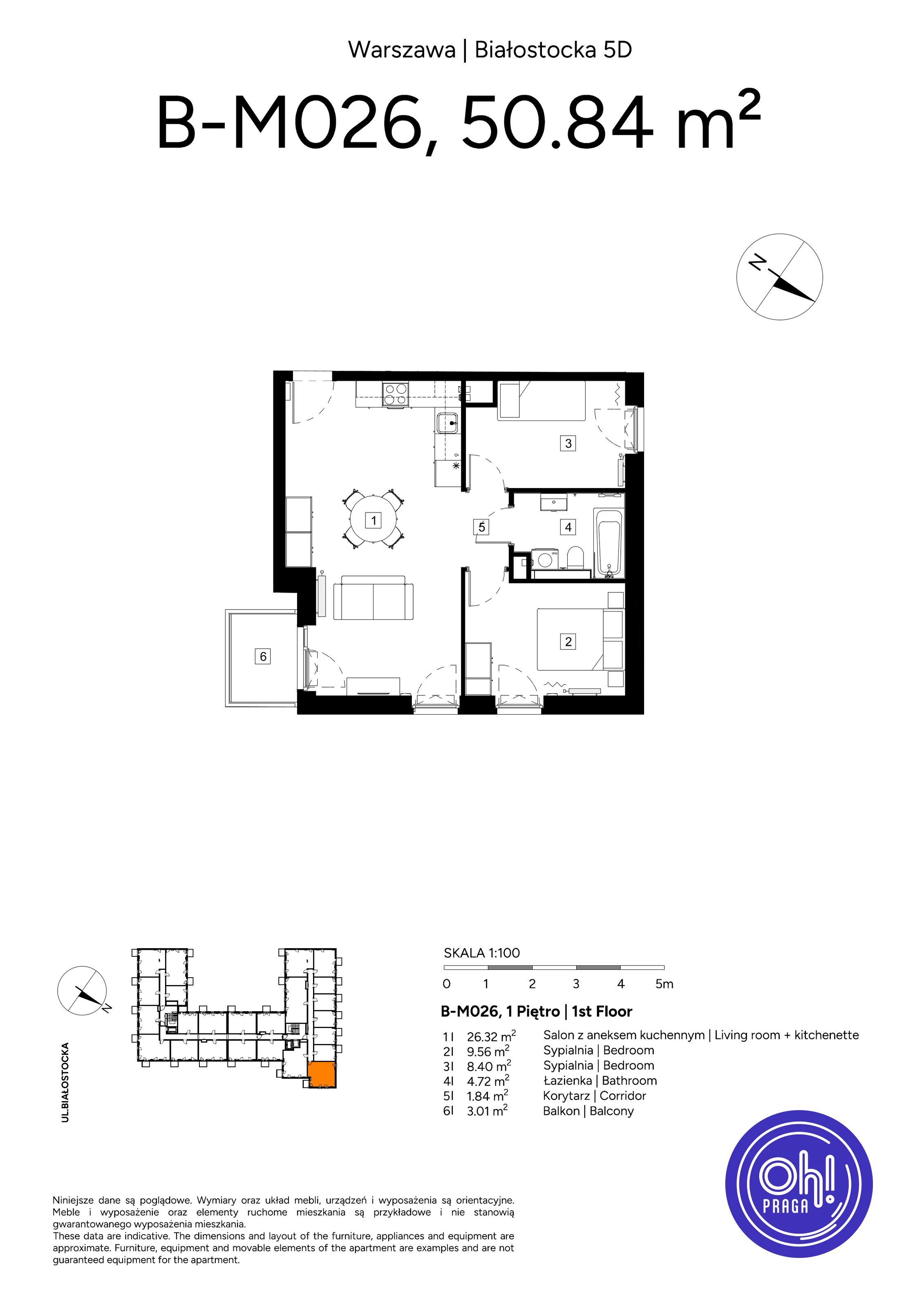3 pokoje, mieszkanie 50,84 m², piętro 1, oferta nr B.M026, Oh! Praga, Warszawa, Praga Północ, Szmulki, ul. Białostocka 5D