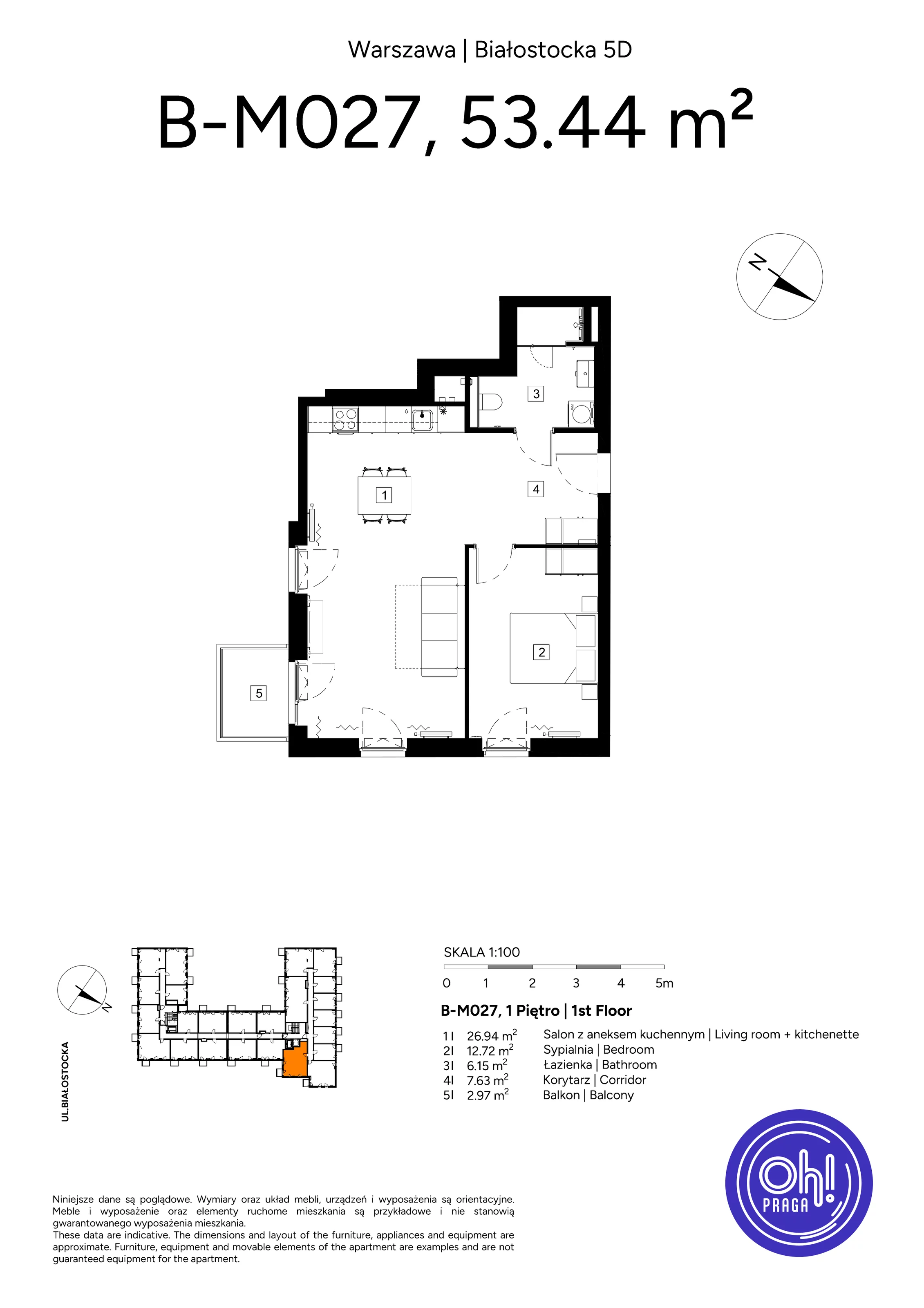 2 pokoje, mieszkanie 53,44 m², piętro 1, oferta nr B.M027, Oh! Praga, Warszawa, Praga Północ, Szmulki, ul. Białostocka 5D