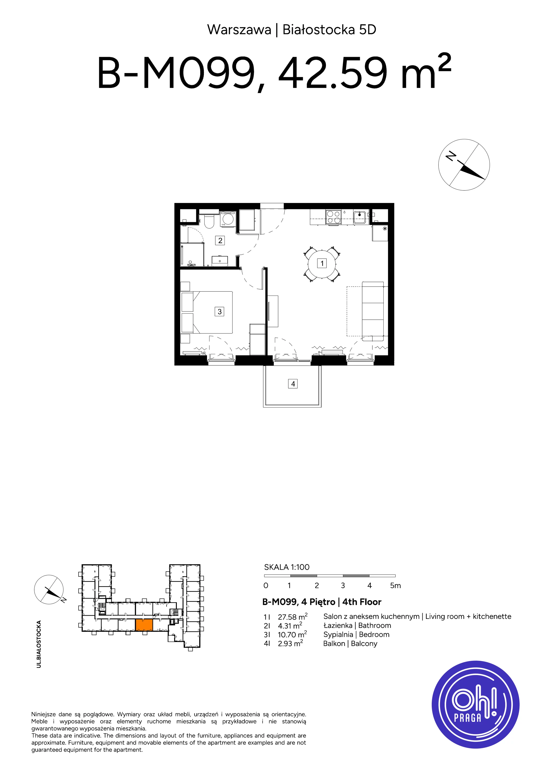 2 pokoje, mieszkanie 42,59 m², piętro 4, oferta nr B.M099, Oh! Praga, Warszawa, Praga Północ, Szmulki, ul. Białostocka 5D