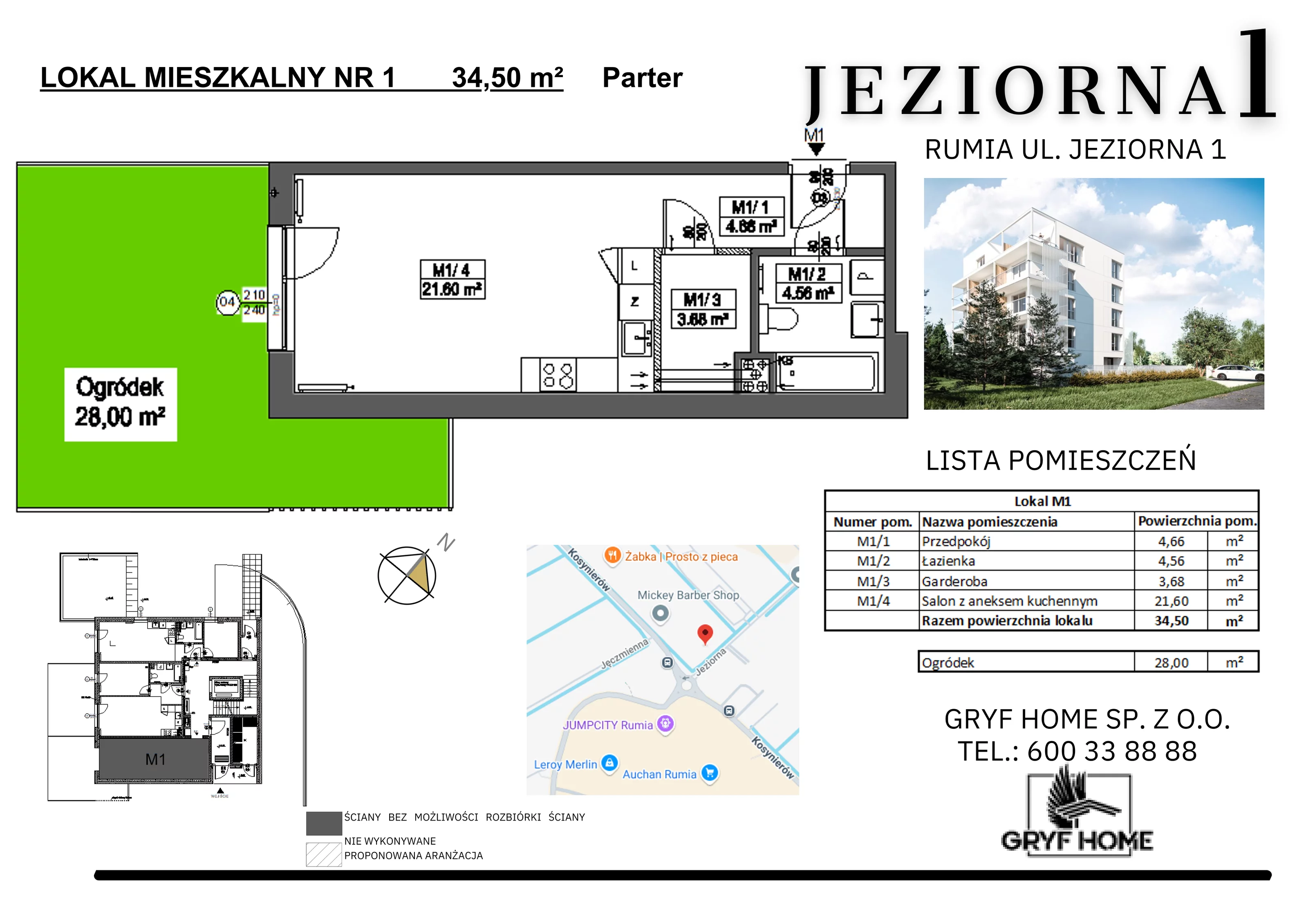 1 pokój, mieszkanie 34,50 m², parter, oferta nr 1, Jeziorna, Rumia, ul. Jeziorna 1