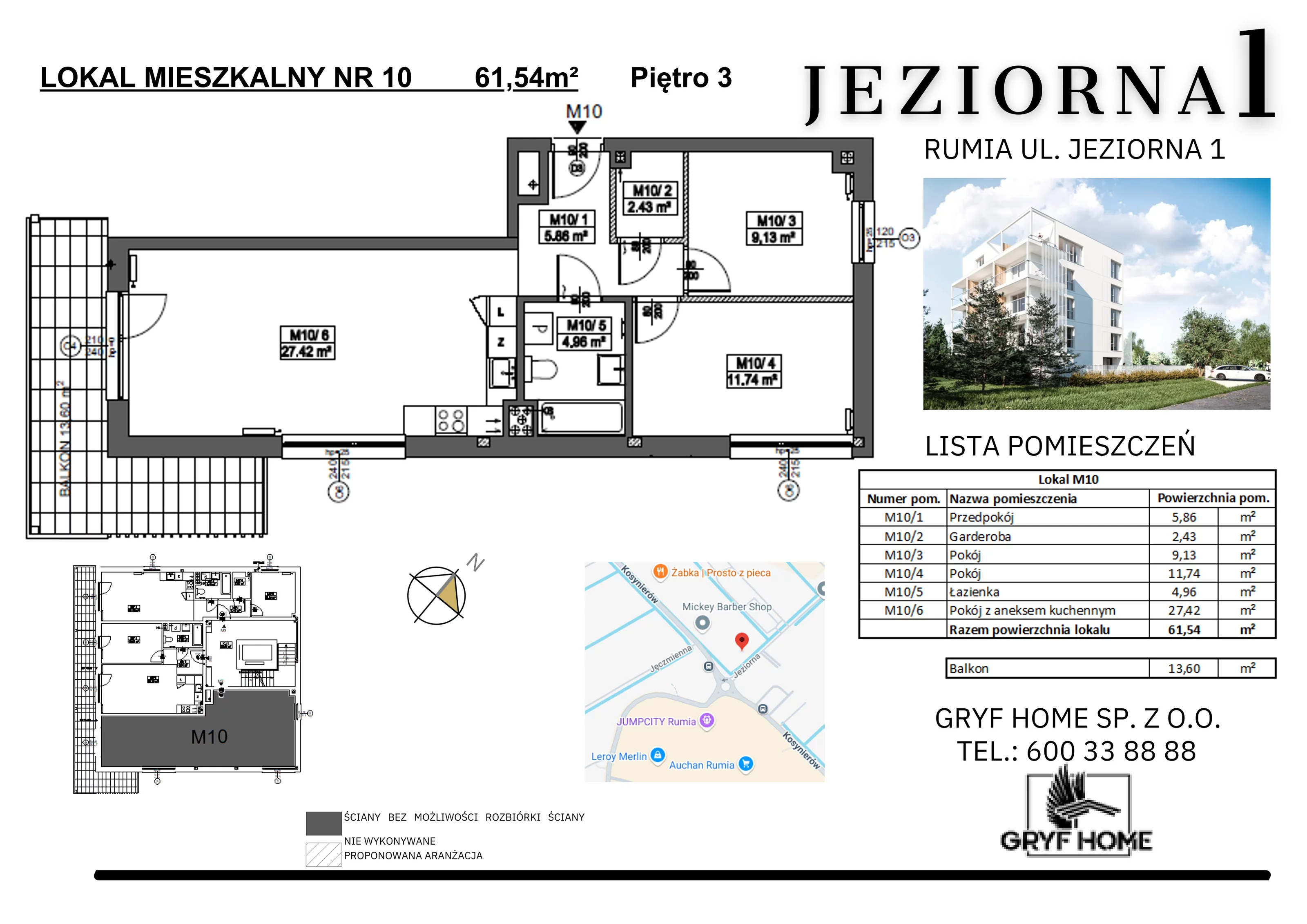 3 pokoje, mieszkanie 61,54 m², piętro 3, oferta nr 10, Jeziorna, Rumia, ul. Jeziorna 1
