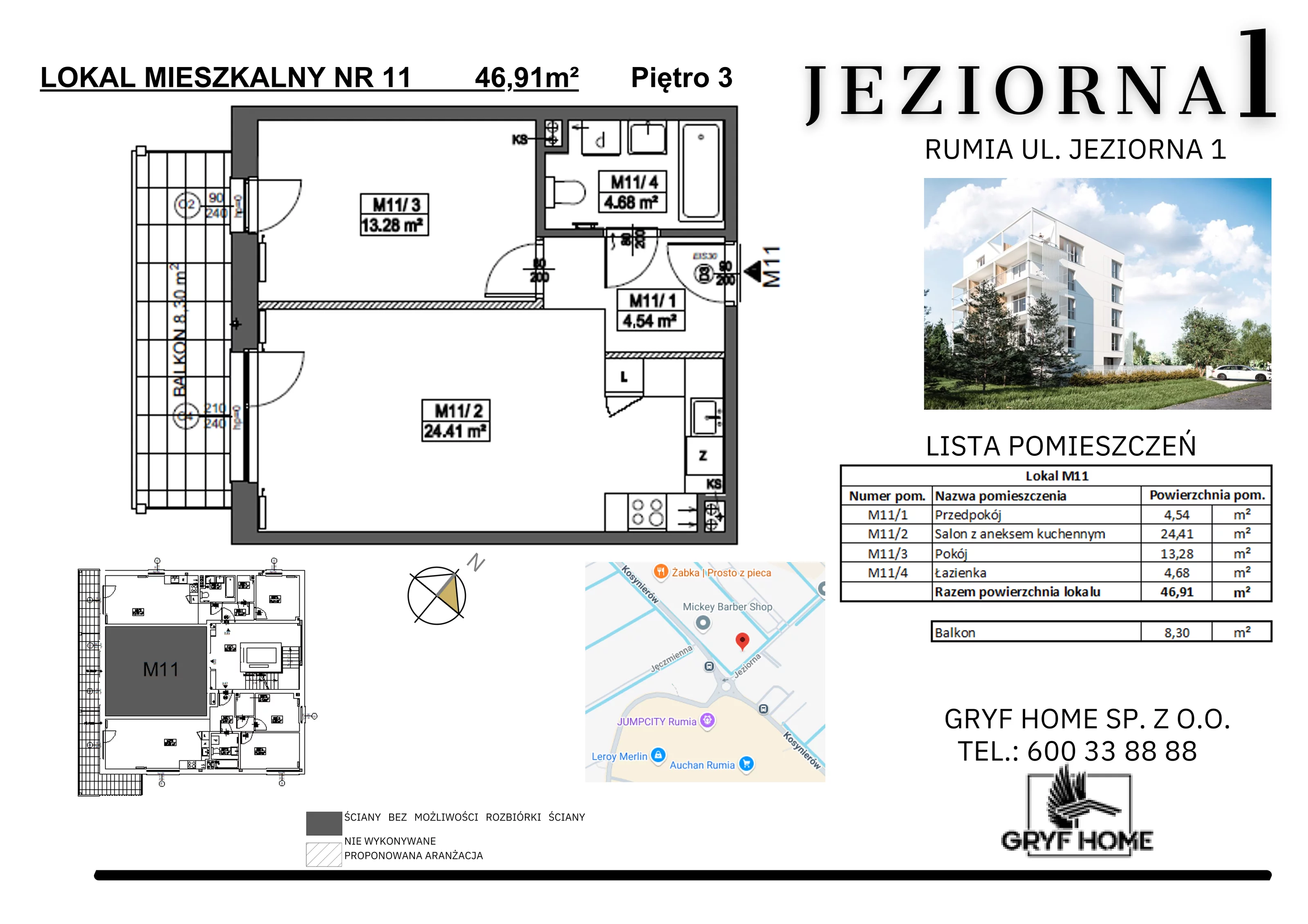 2 pokoje, mieszkanie 46,91 m², piętro 3, oferta nr 11, Jeziorna, Rumia, ul. Jeziorna 1