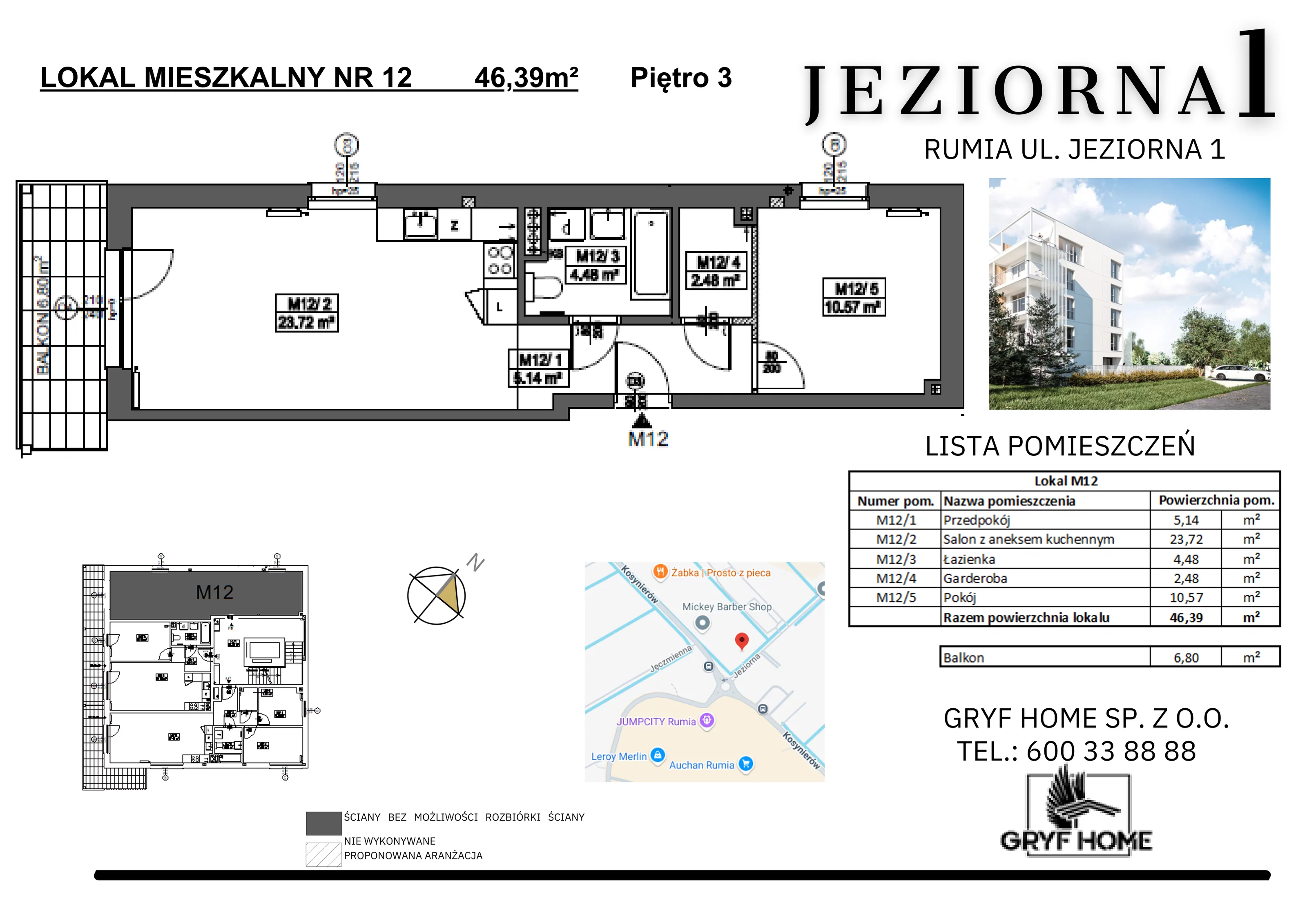 2 pokoje, mieszkanie 46,39 m², piętro 3, oferta nr 12, Jeziorna, Rumia, ul. Jeziorna 1